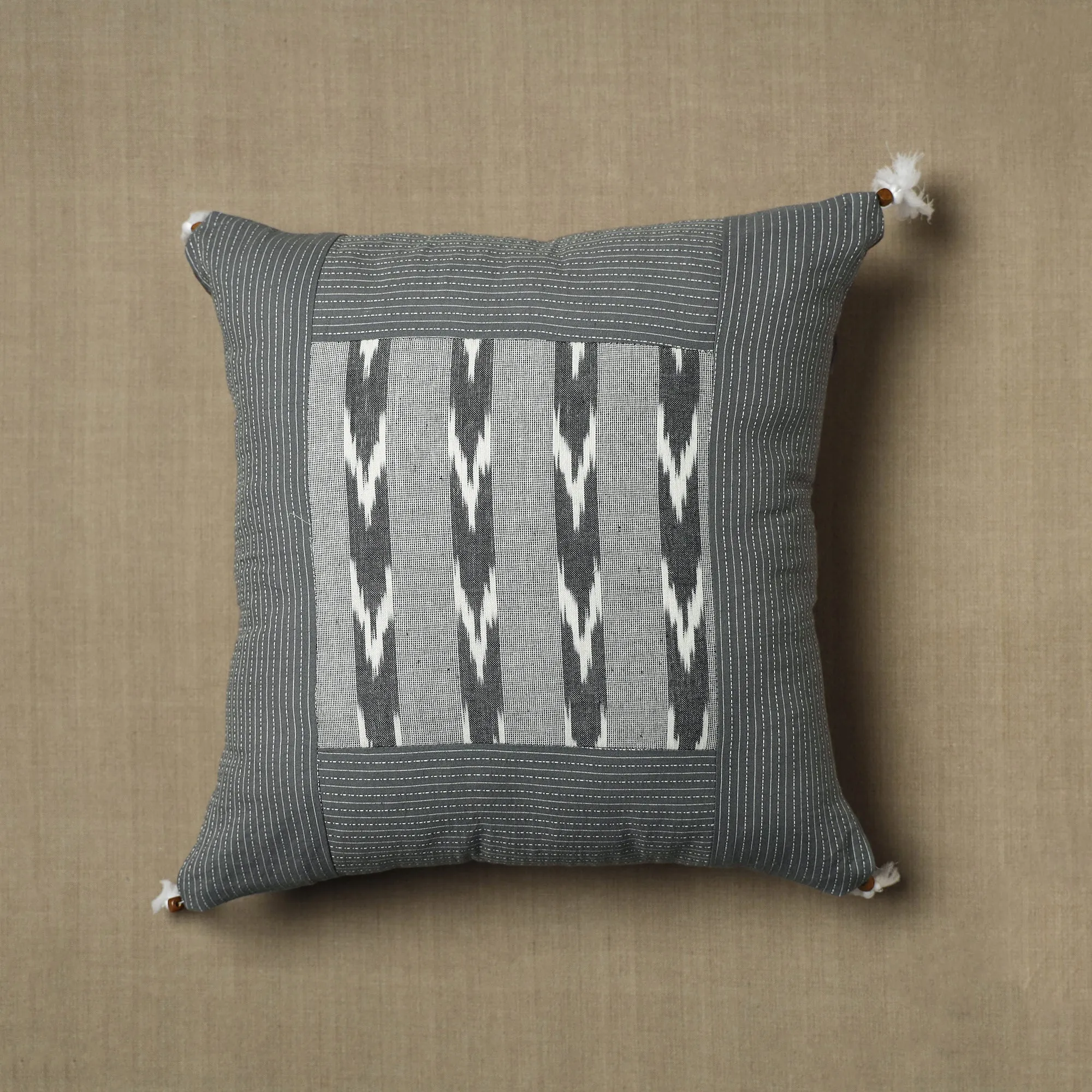 Grey - Kantha Stitch Ikat Cotton Cushion Cover (16 x 16 in) 01
