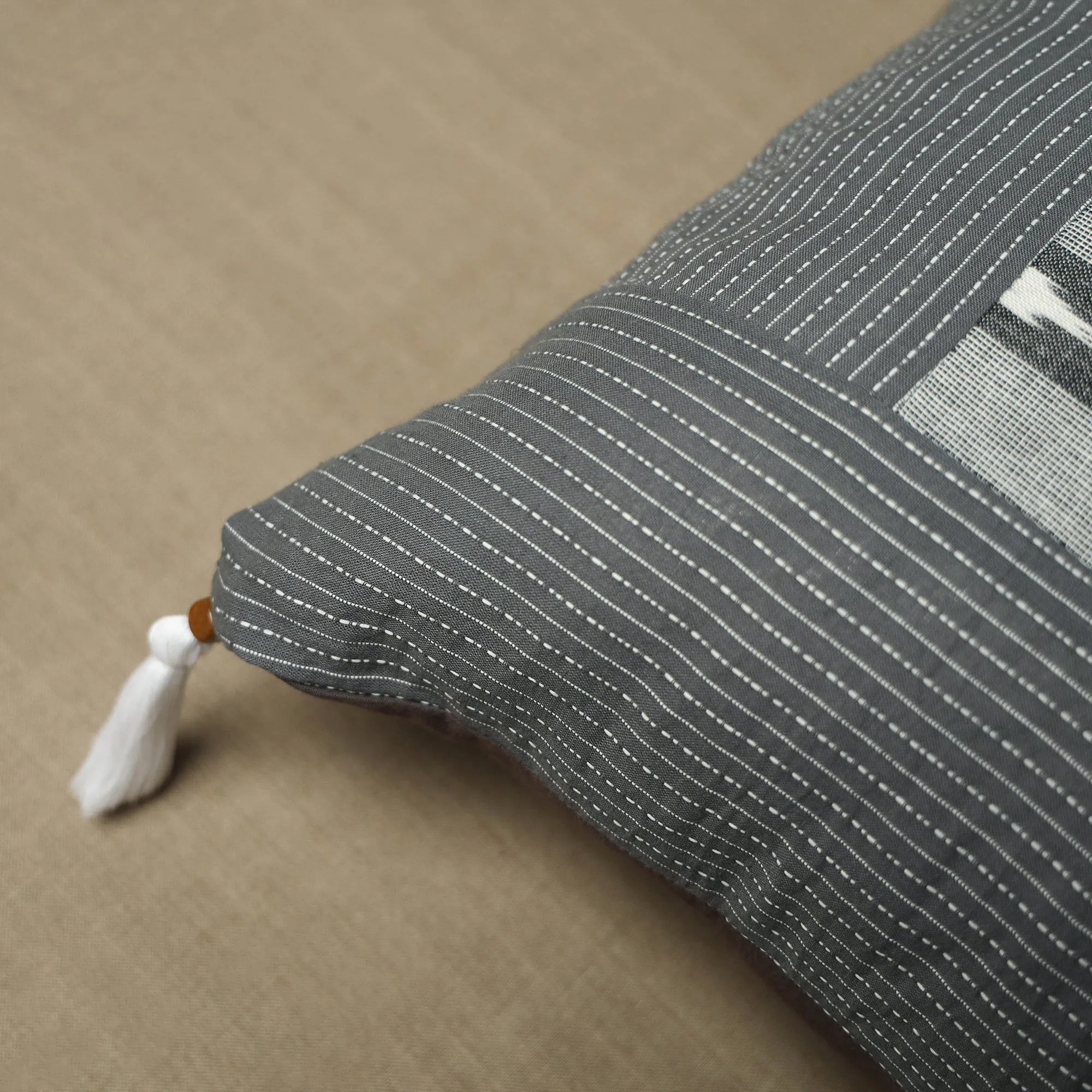 Grey - Kantha Stitch Ikat Cotton Cushion Cover (16 x 16 in) 01