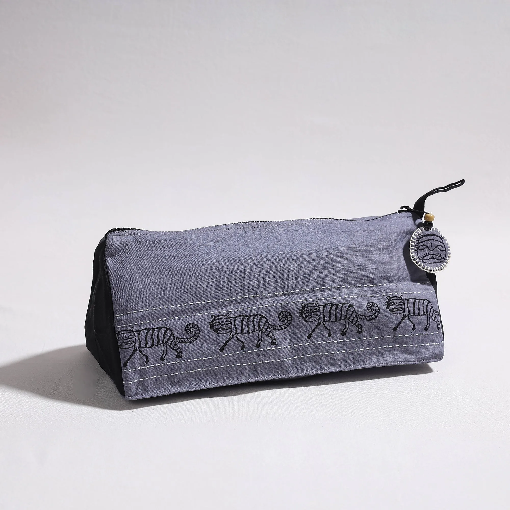Grey - Kantha Work Block Print Cotton Toilet Pouch