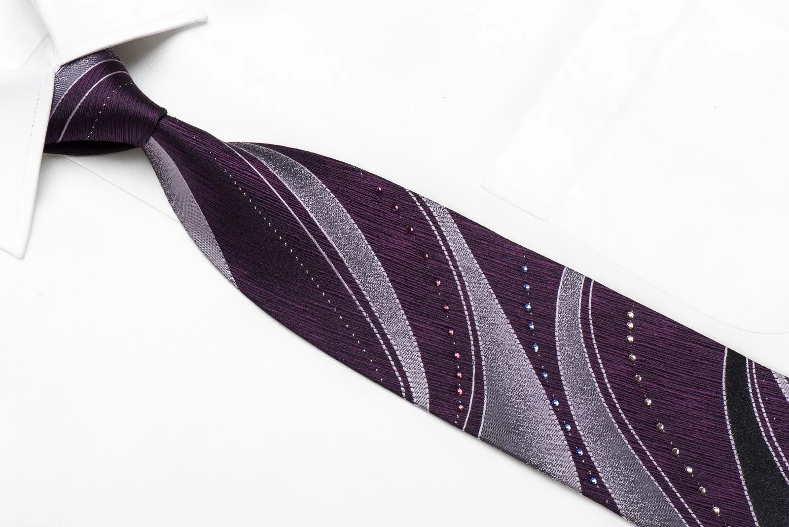 Guy Laroche Men's Rhinestone Silk Necktie Pink Gray Waves On Purple With Sparkles