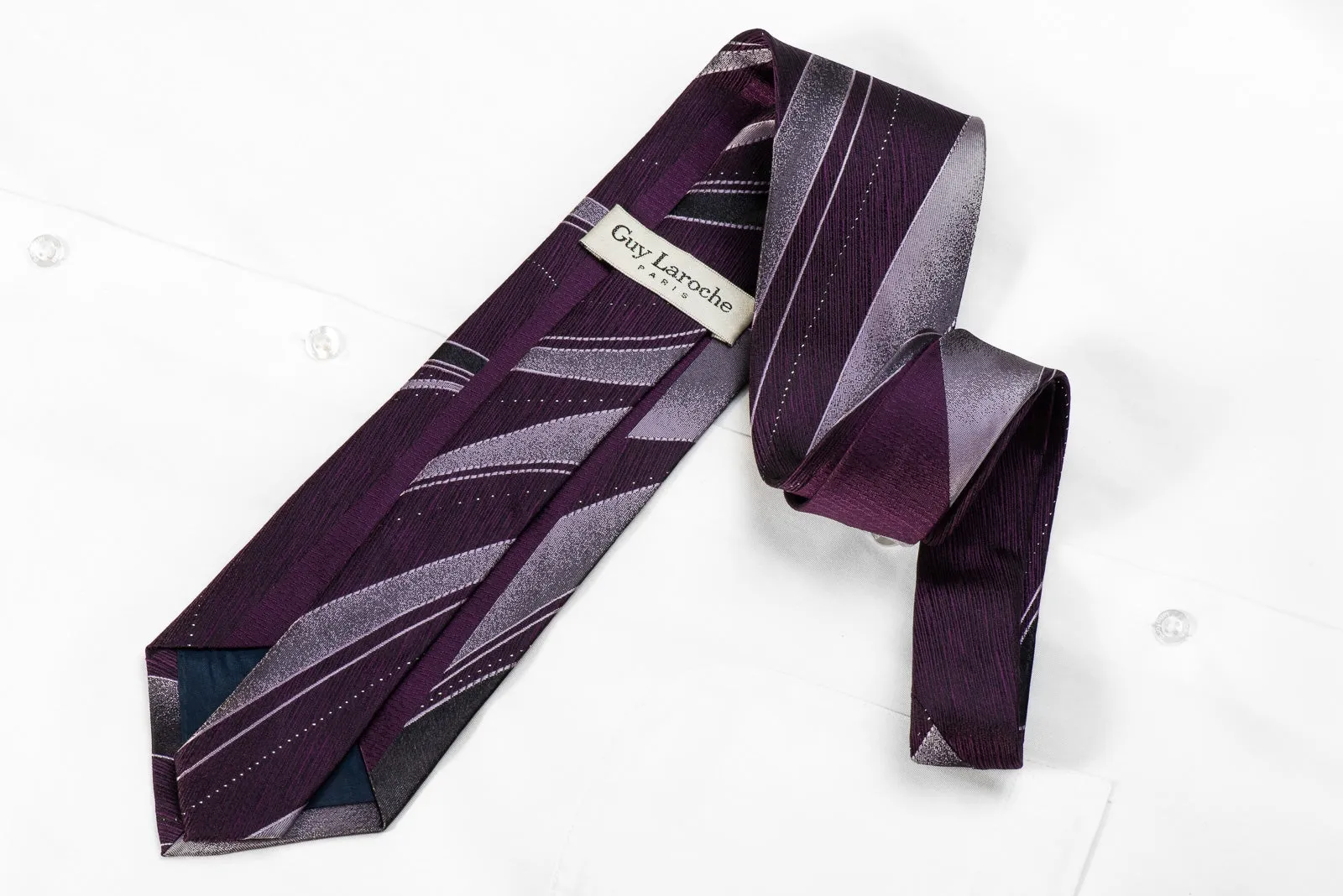 Guy Laroche Men's Rhinestone Silk Necktie Pink Gray Waves On Purple With Sparkles