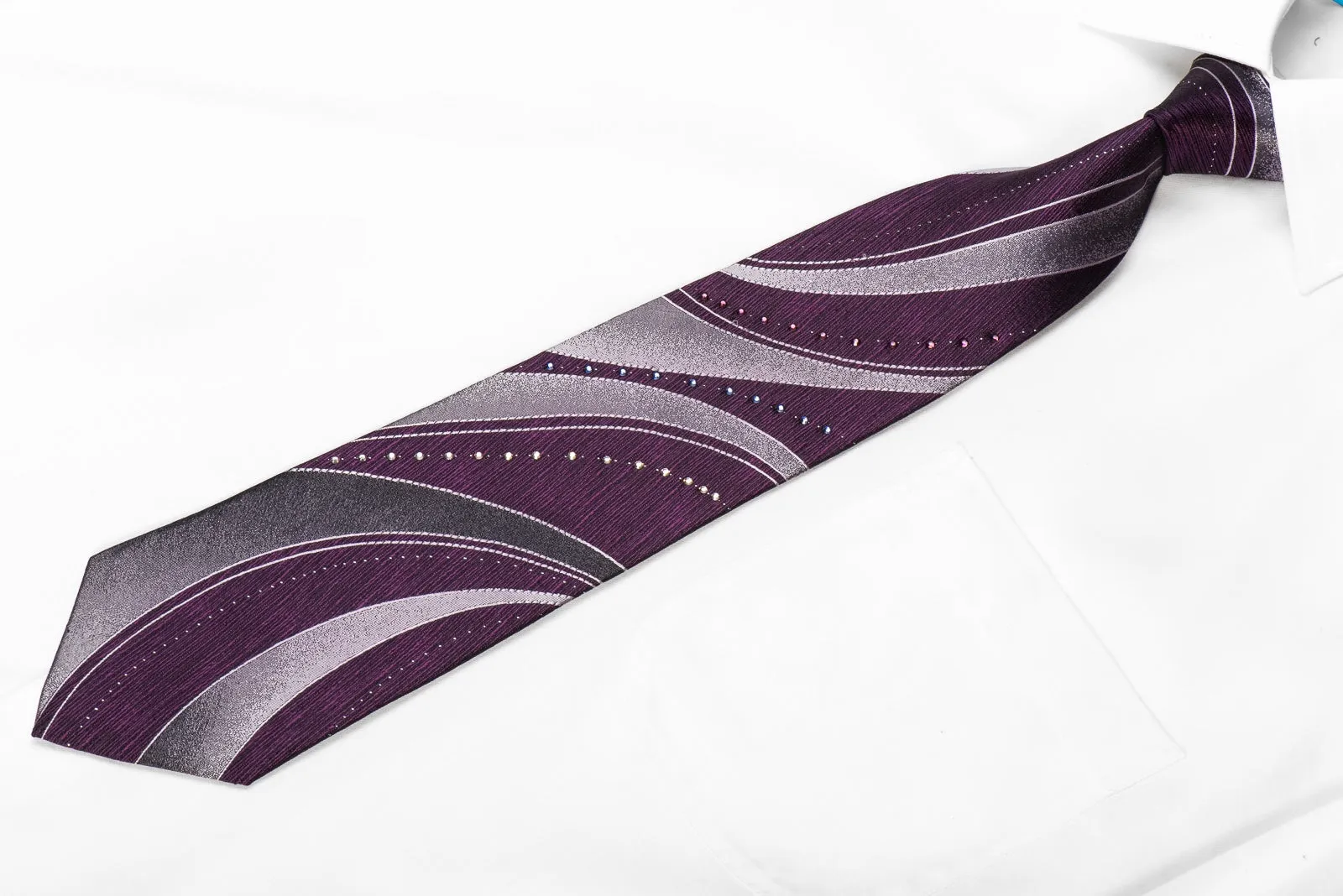 Guy Laroche Men's Rhinestone Silk Necktie Pink Gray Waves On Purple With Sparkles