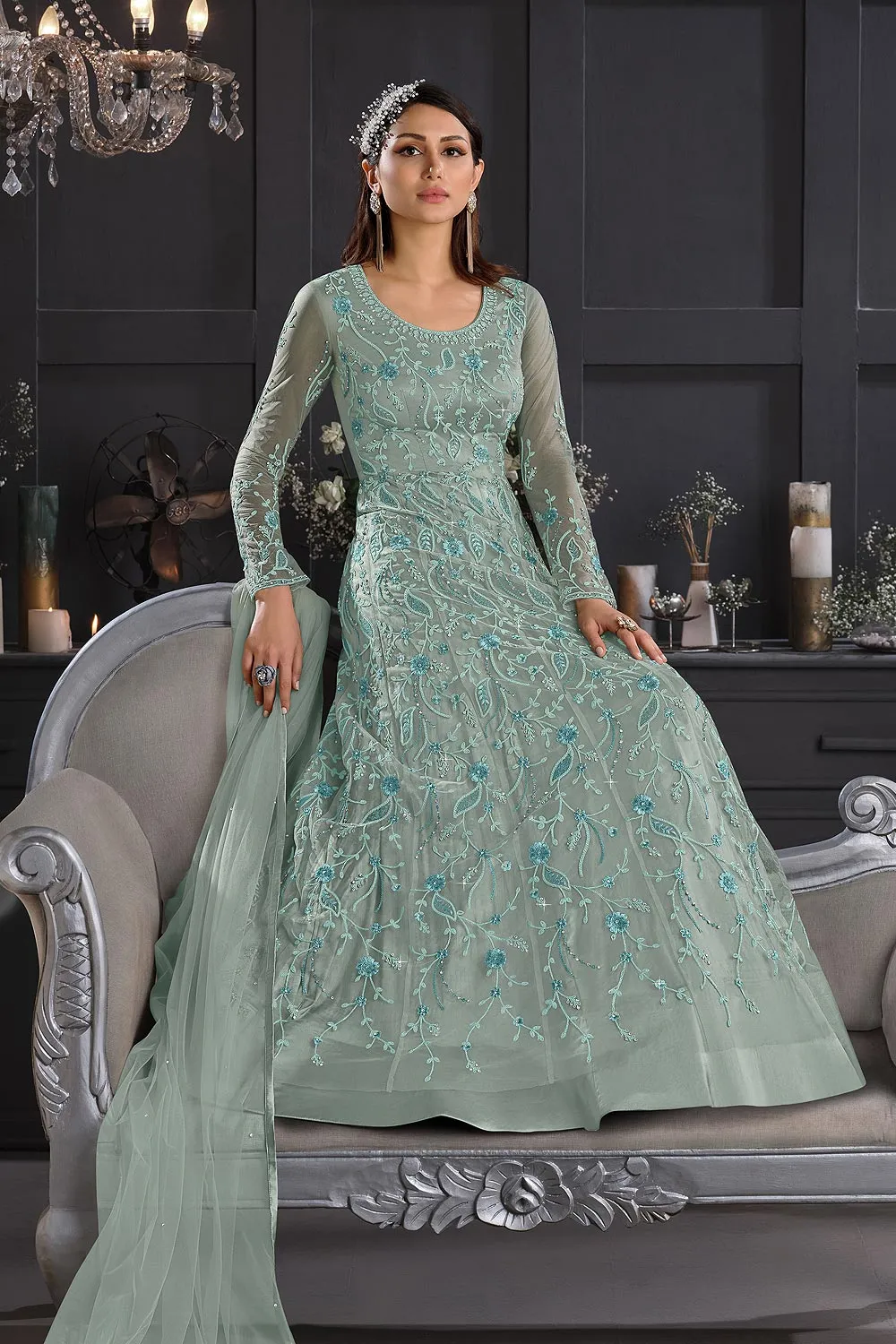 Light Blue Butterfly Net Wedding Anarkali Suit