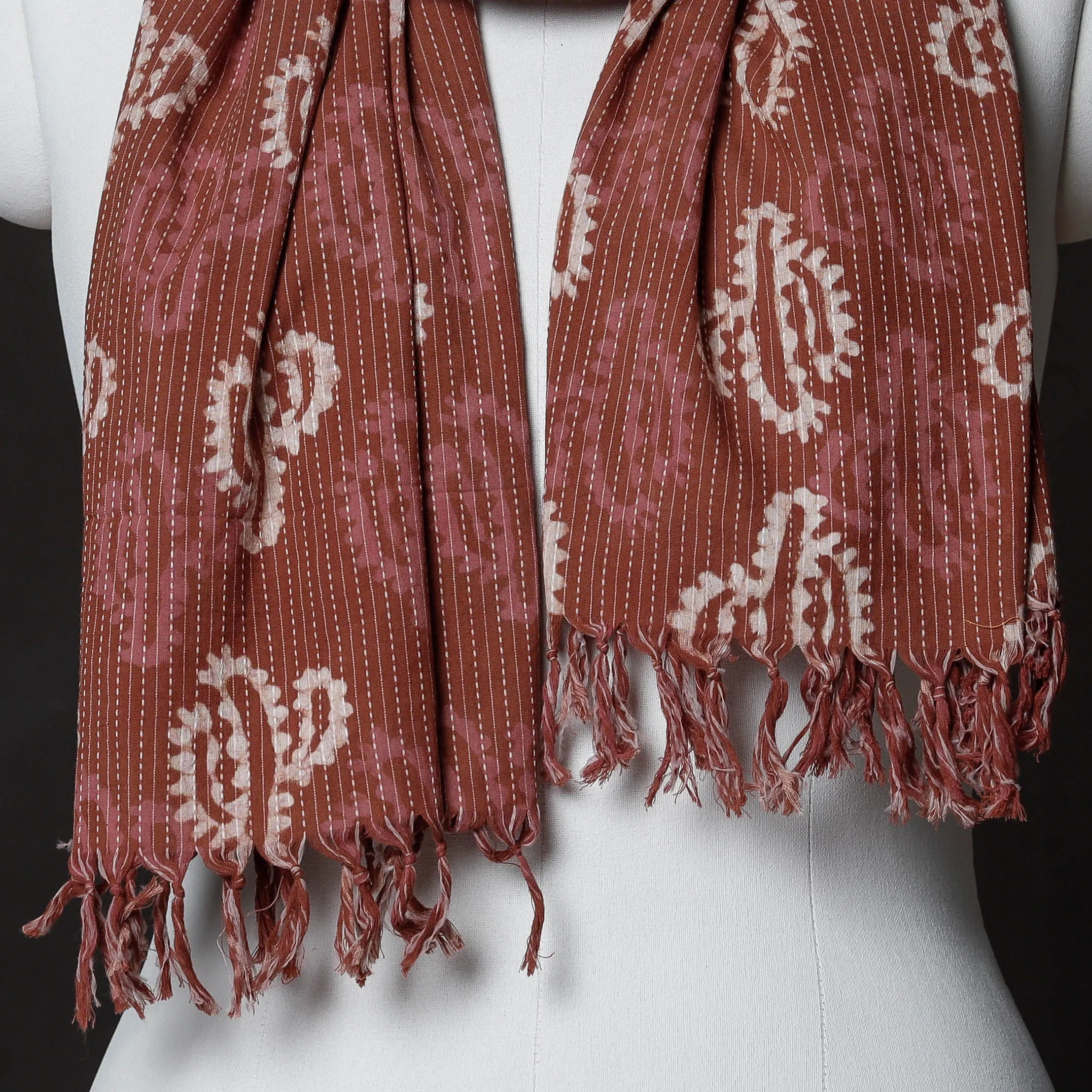 Maroon - Hand Block Printing Kantha Stitch Cotton Stole with Tassels