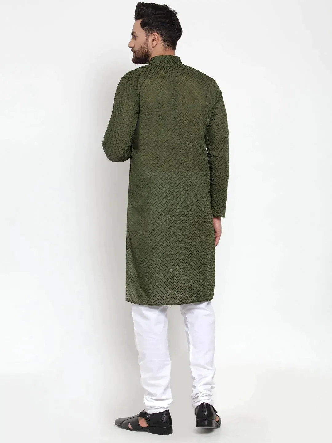 Men Olive Green Chikan Kurta Only