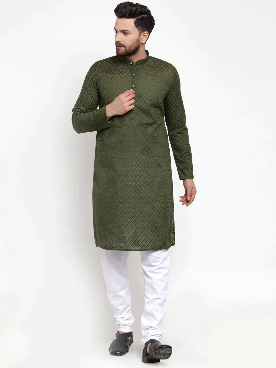Men Olive Green Chikan Kurta Only