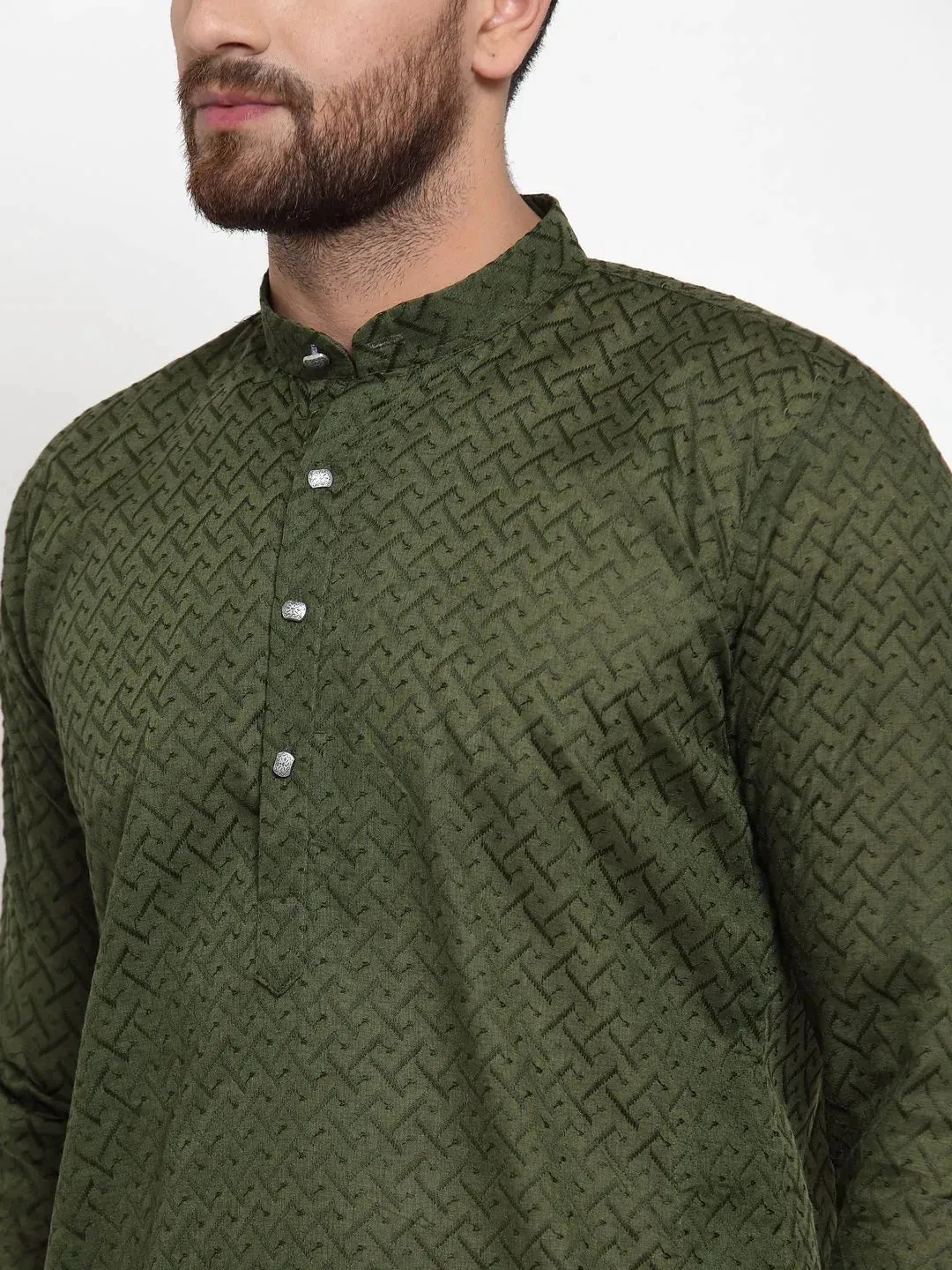 Men Olive Green Chikan Kurta Only