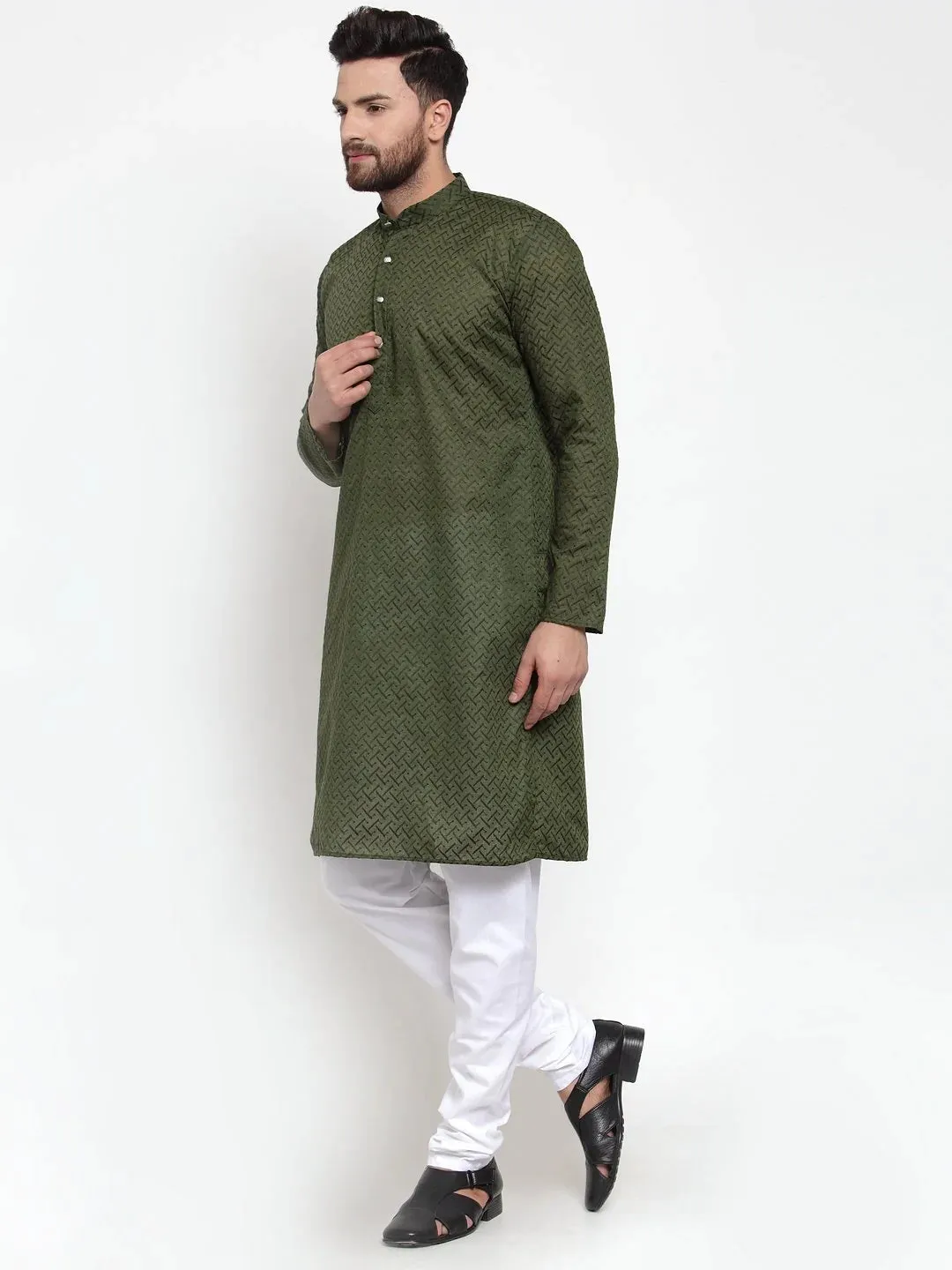 Men Olive Green Chikan Kurta Only