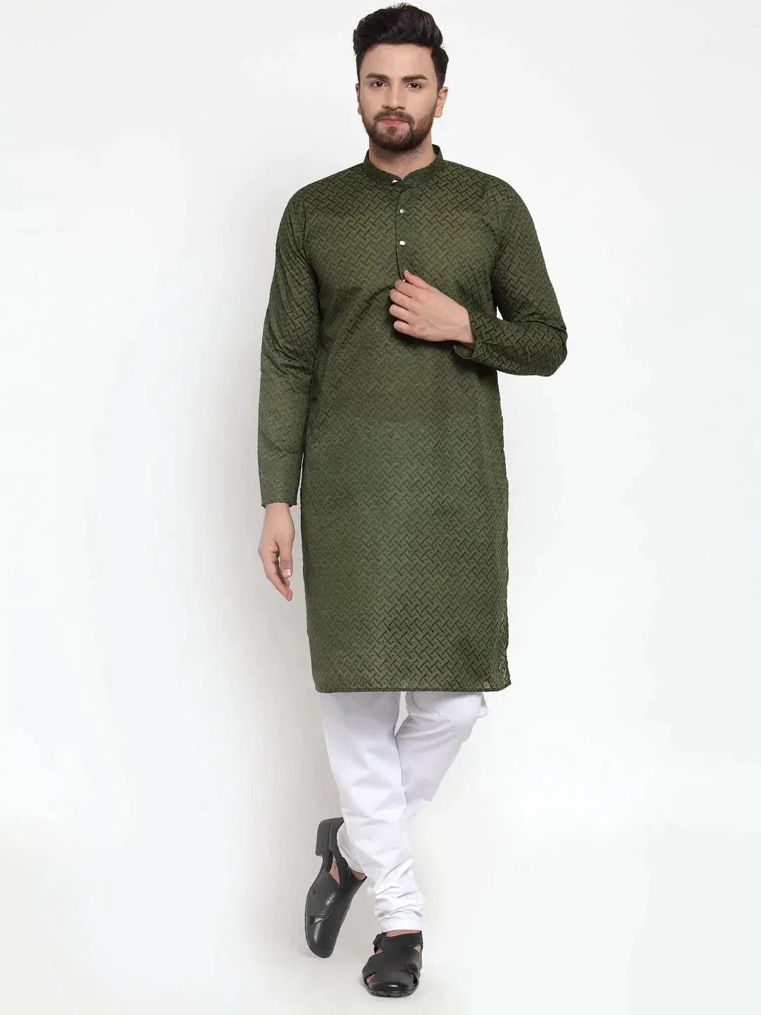 Men Olive Green Chikan Kurta Only