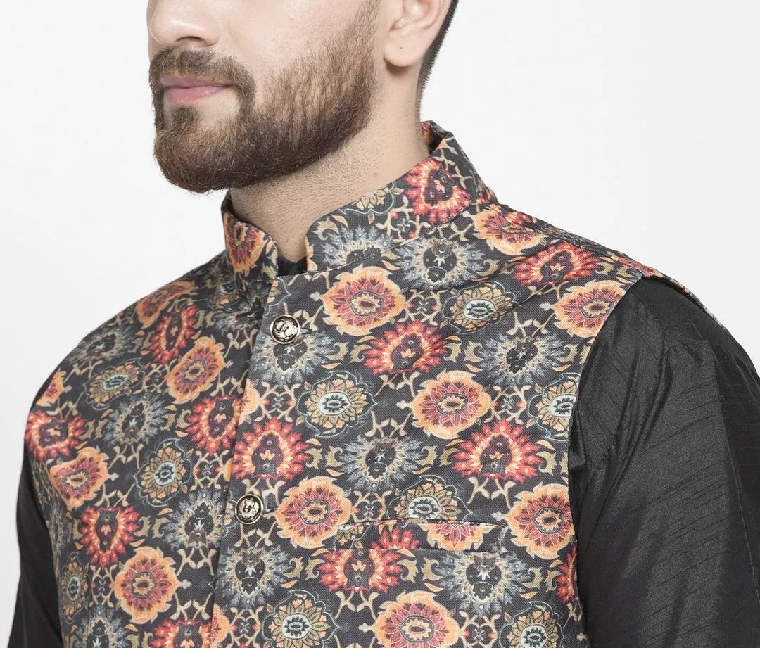 Men's Black & Orange Printed Nehru Jacket - Benstoke