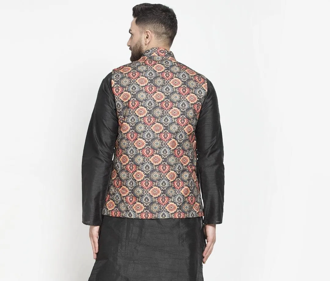 Men's Black & Orange Printed Nehru Jacket - Benstoke