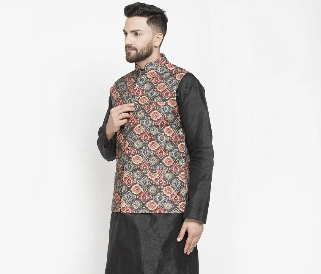 Men's Black & Orange Printed Nehru Jacket - Benstoke