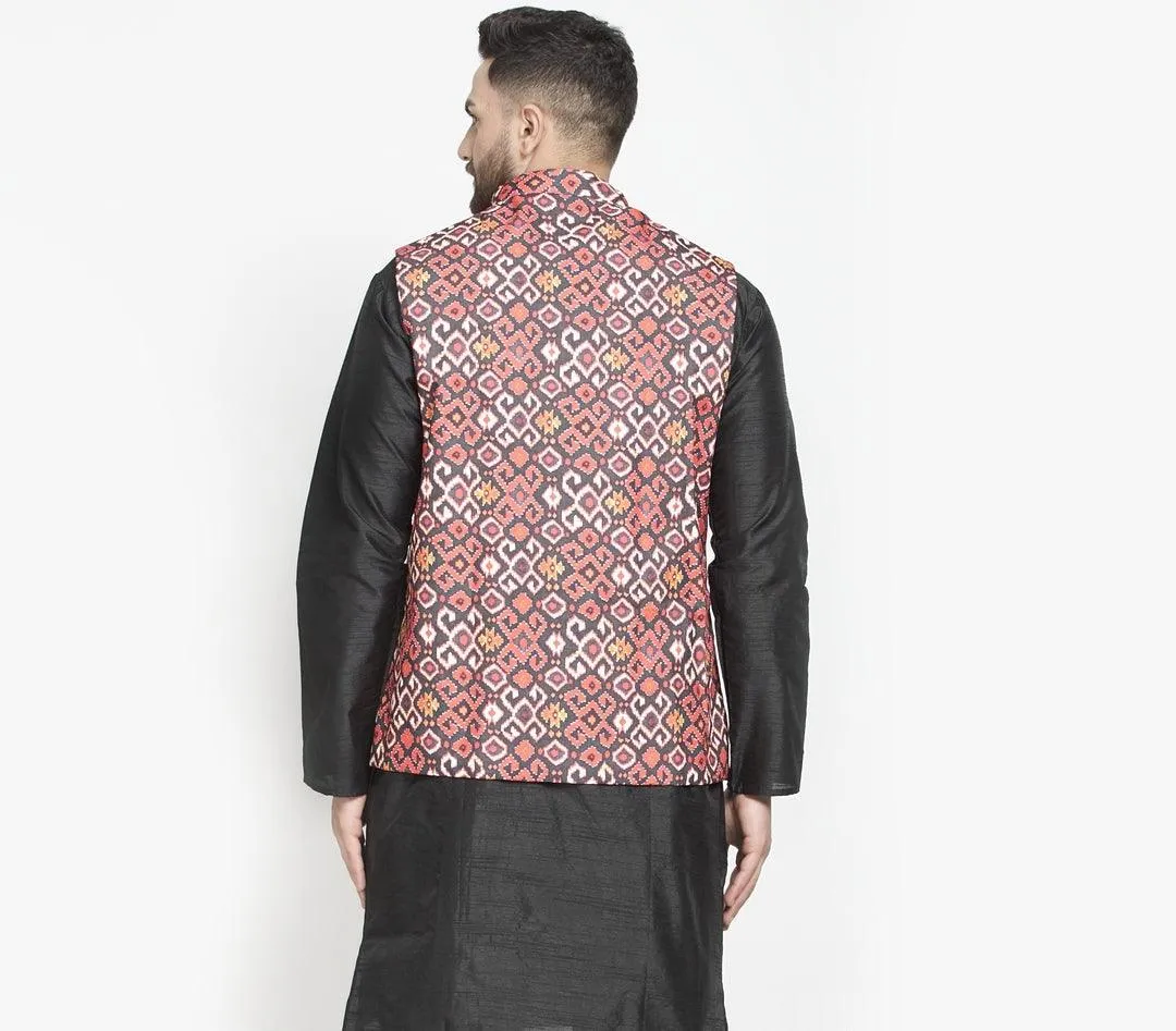 Men's Black & Rust Printed Nehru Jacket - Benstoke