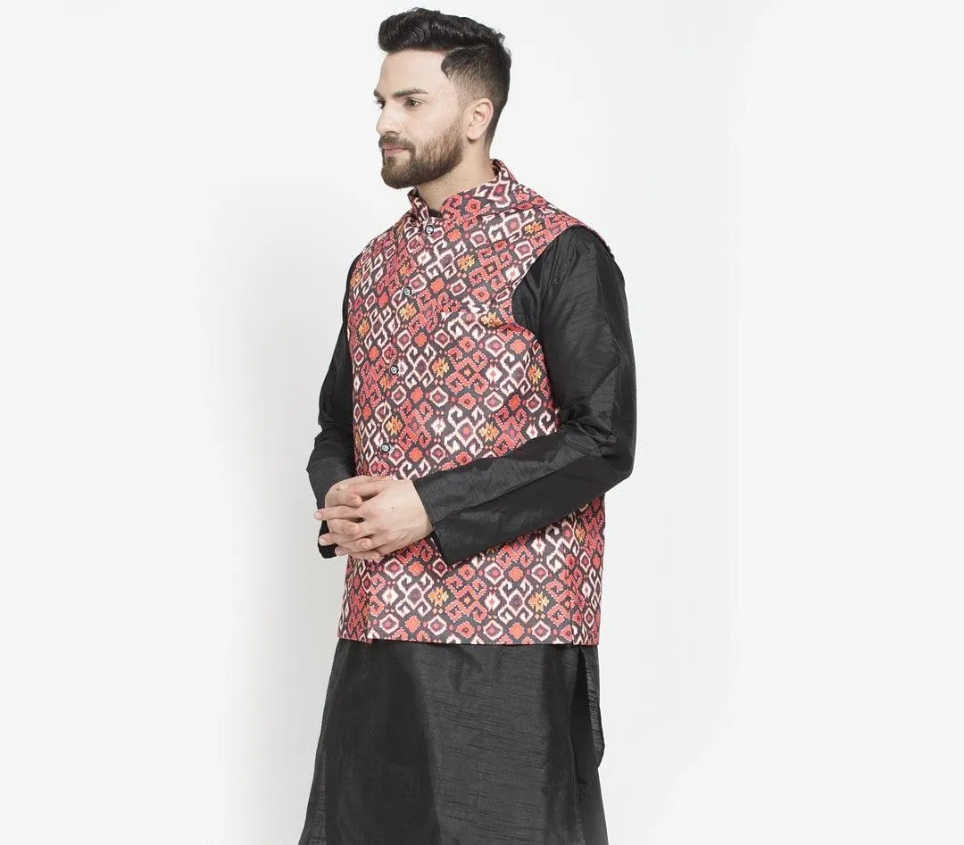 Men's Black & Rust Printed Nehru Jacket - Benstoke