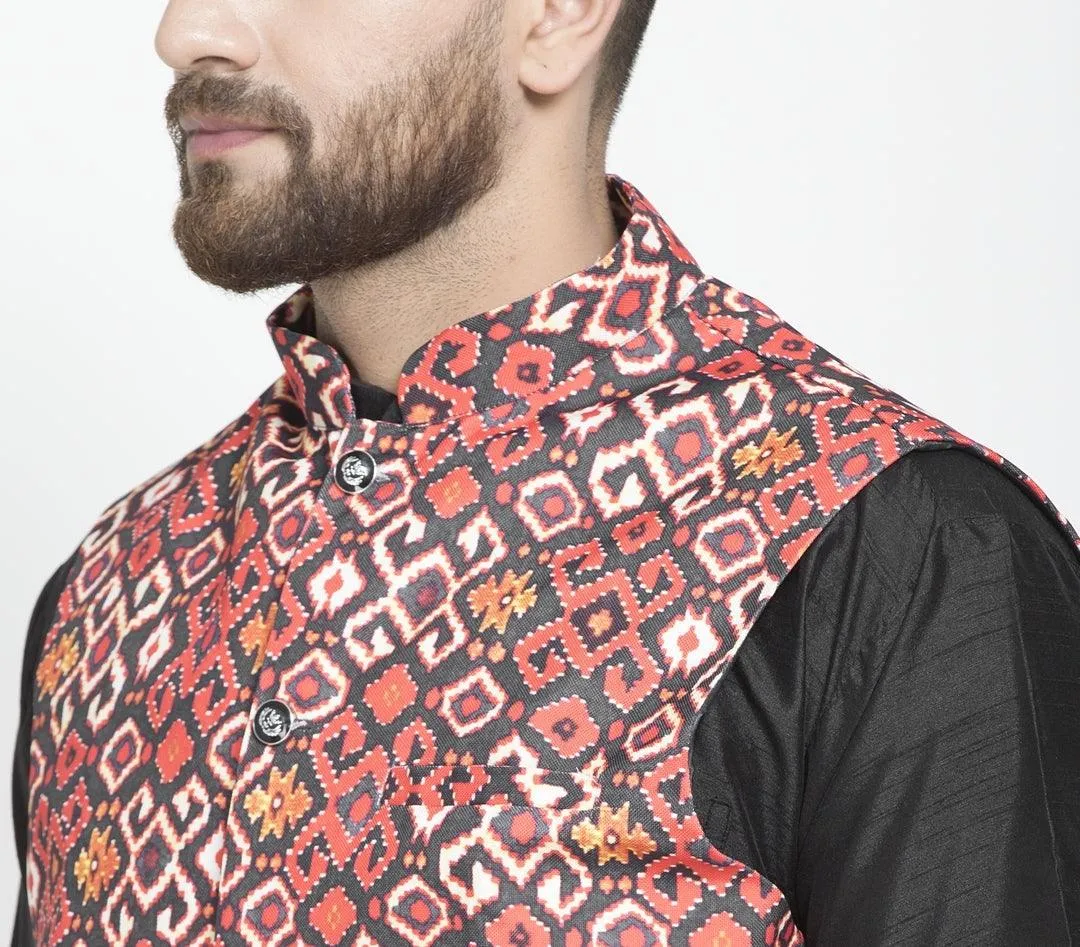 Men's Black & Rust Printed Nehru Jacket - Benstoke