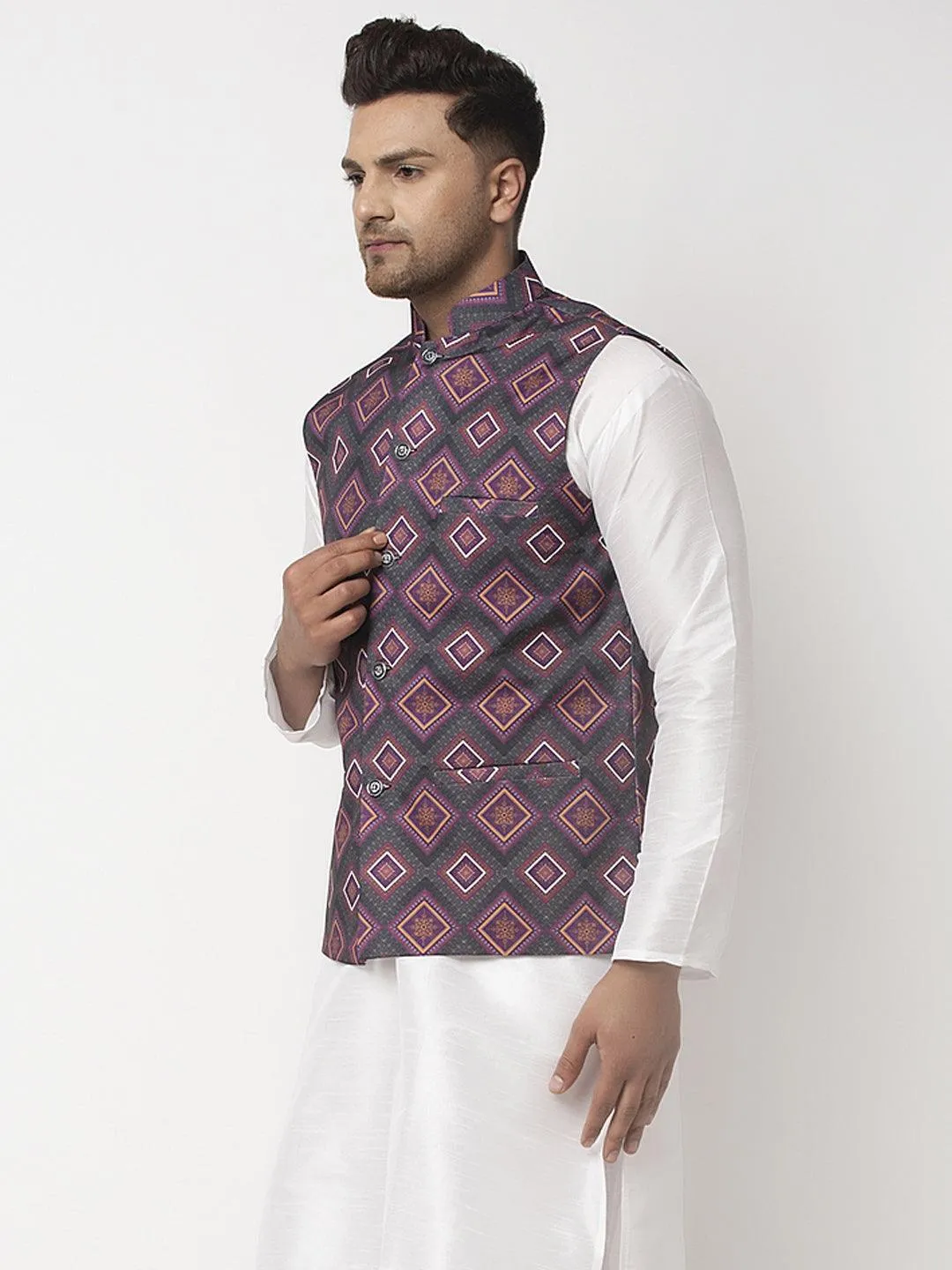 Men's Charcoal Grey & Purple Printed Nehru Jacket - Benstoke