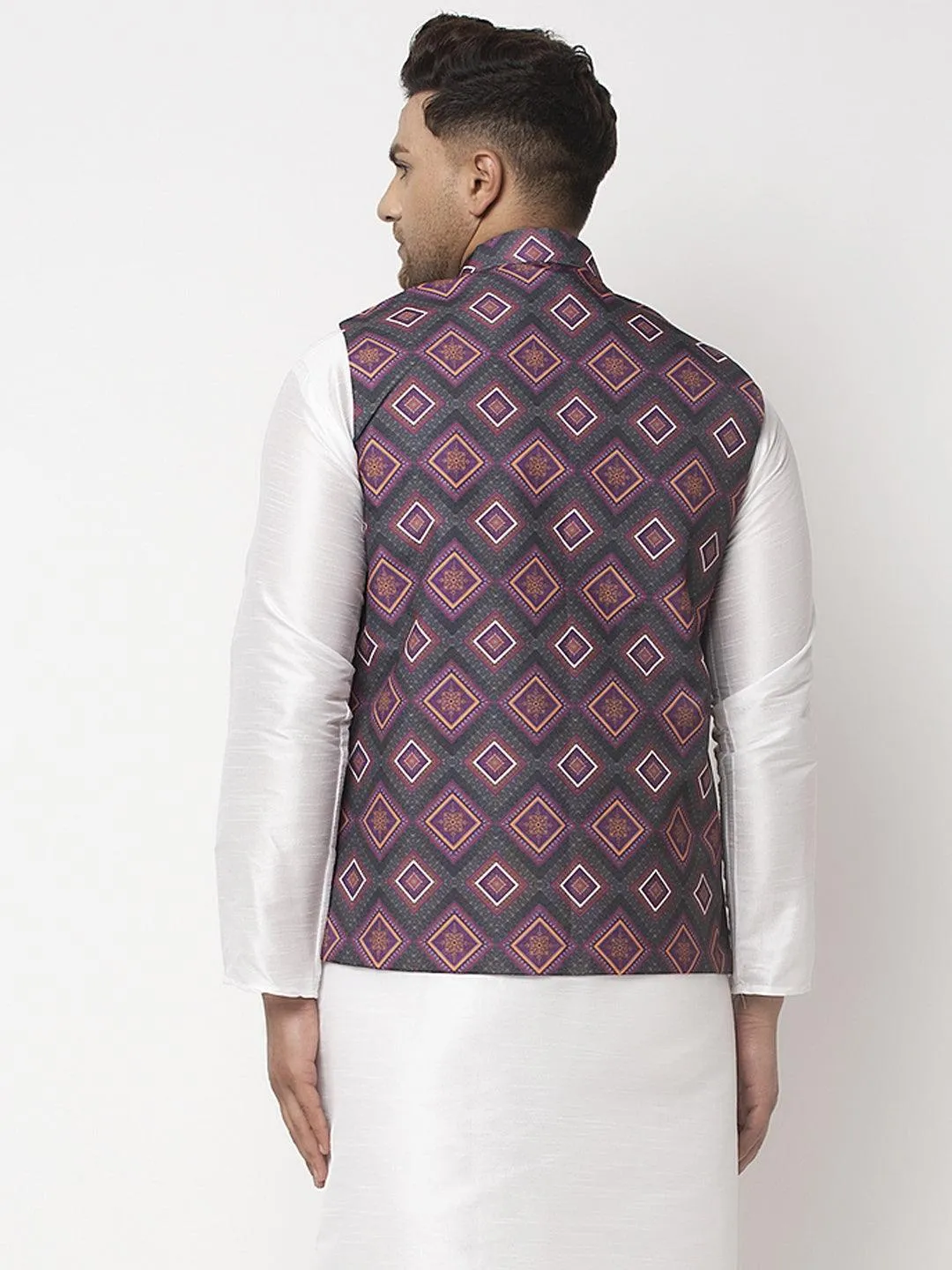 Men's Charcoal Grey & Purple Printed Nehru Jacket - Benstoke
