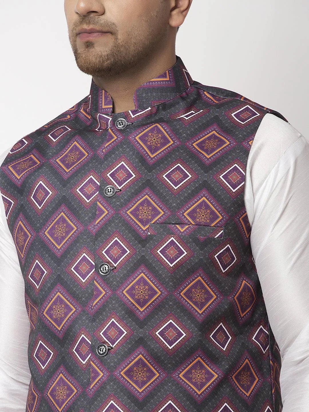 Men's Charcoal Grey & Purple Printed Nehru Jacket - Benstoke