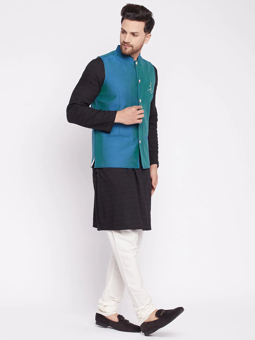 Men's Nehru Jacket With Embroided Insignia Of Lord Krishna -Even Apparels