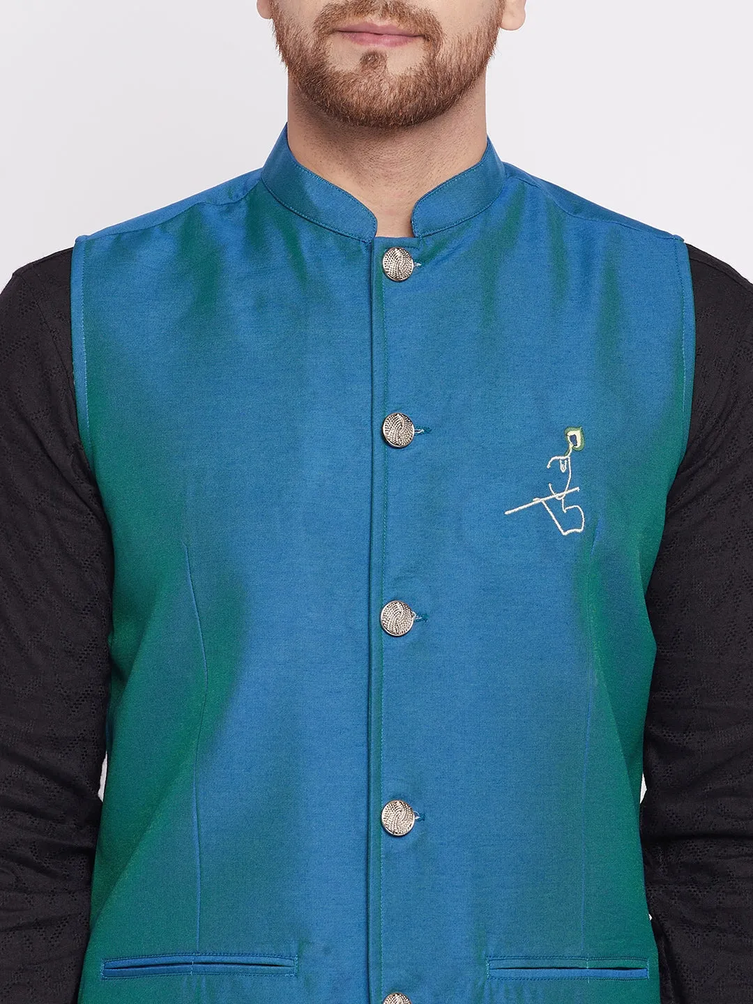Men's Nehru Jacket With Embroided Insignia Of Lord Krishna -Even Apparels