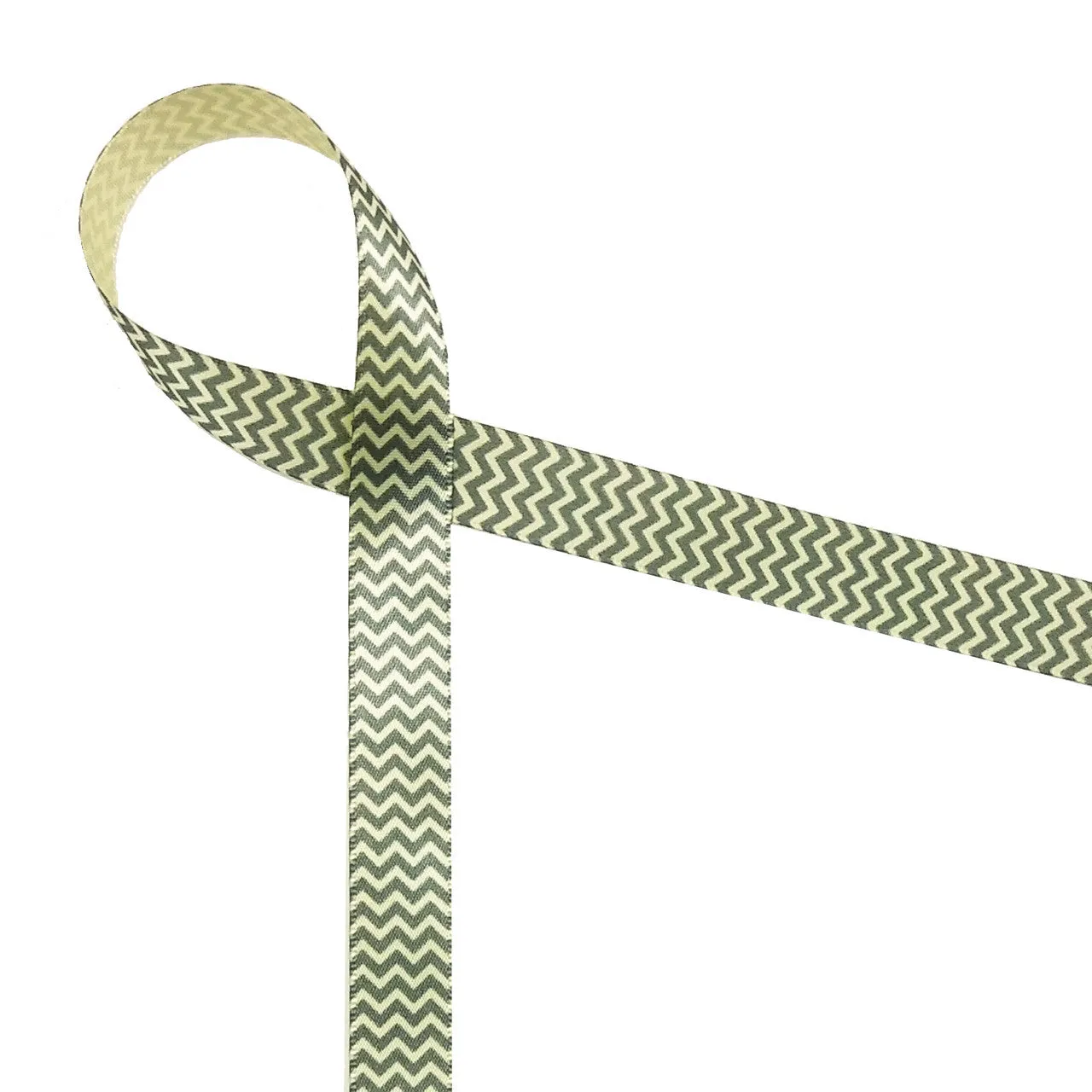 Micro Mini Chevron Ribbon in Gray on Lt. Yellow  5/8" White Single Face Satin