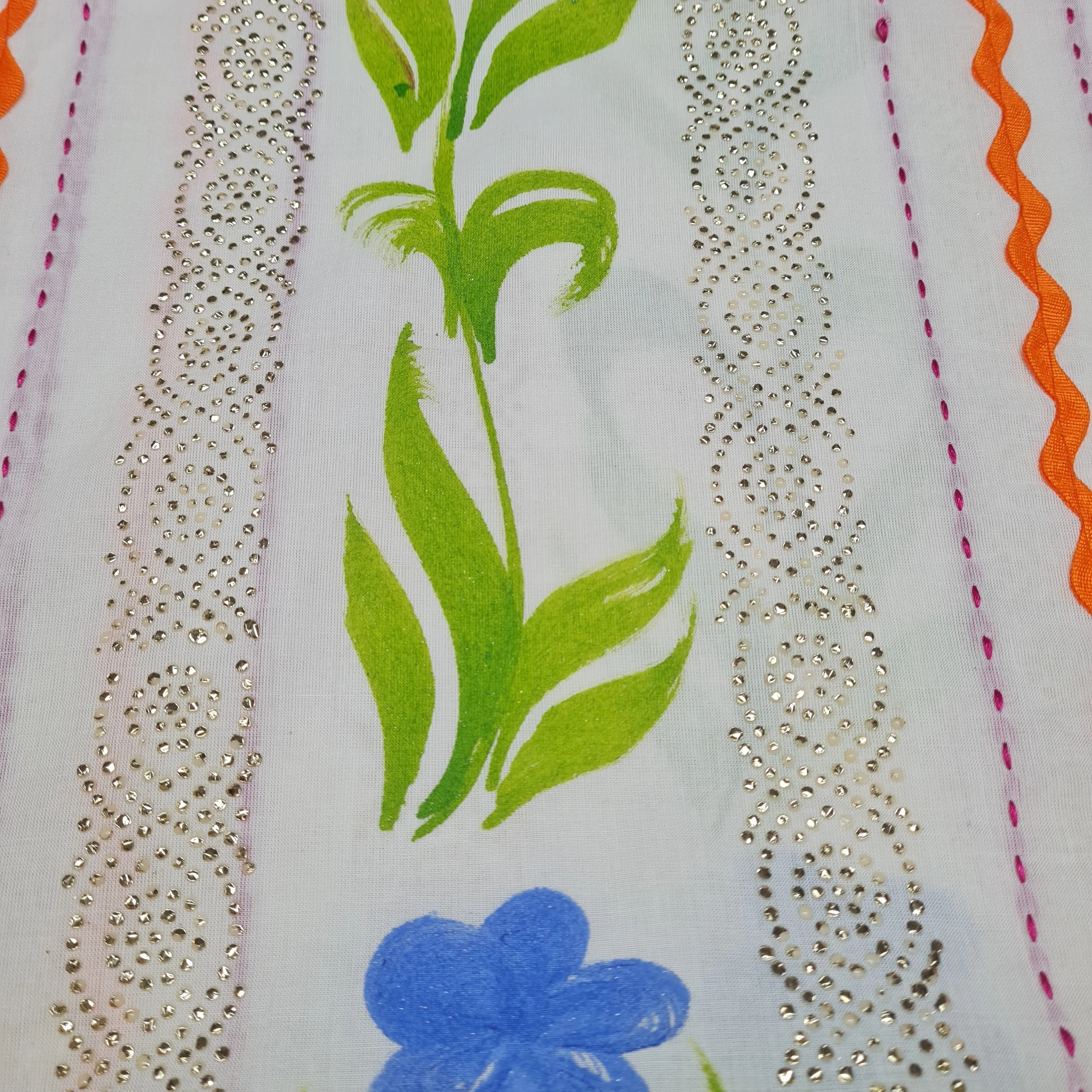 Off White & Multicolor Floral Hand Paint Mukaish Work Thread Embroidery