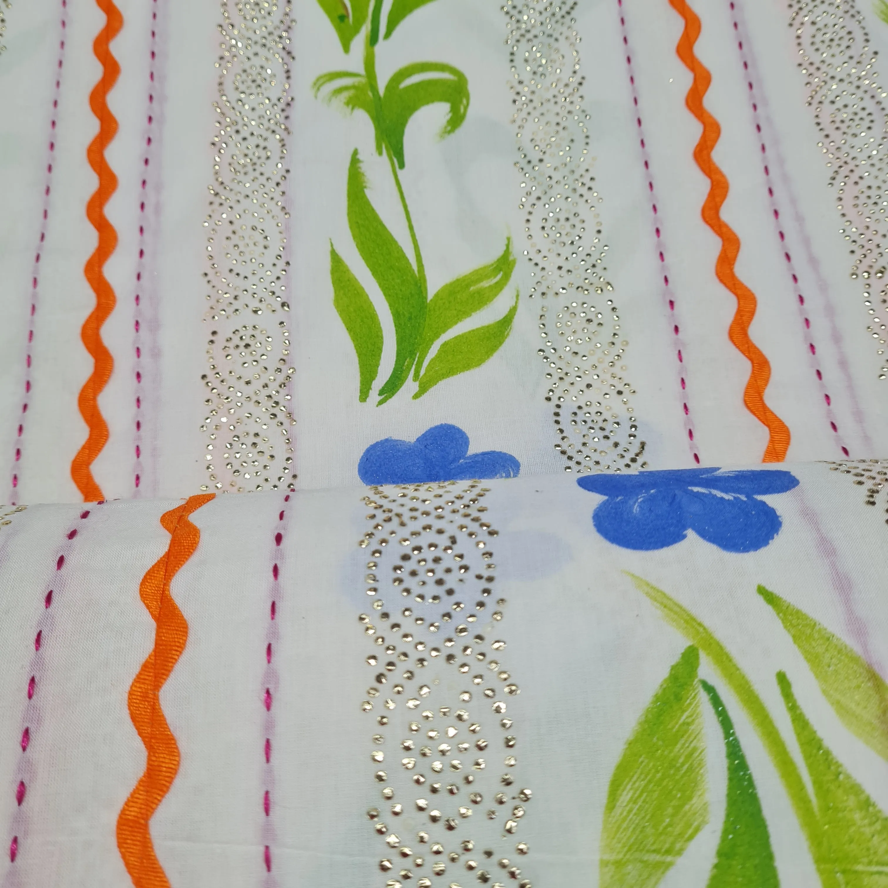Off White & Multicolor Floral Hand Paint Mukaish Work Thread Embroidery