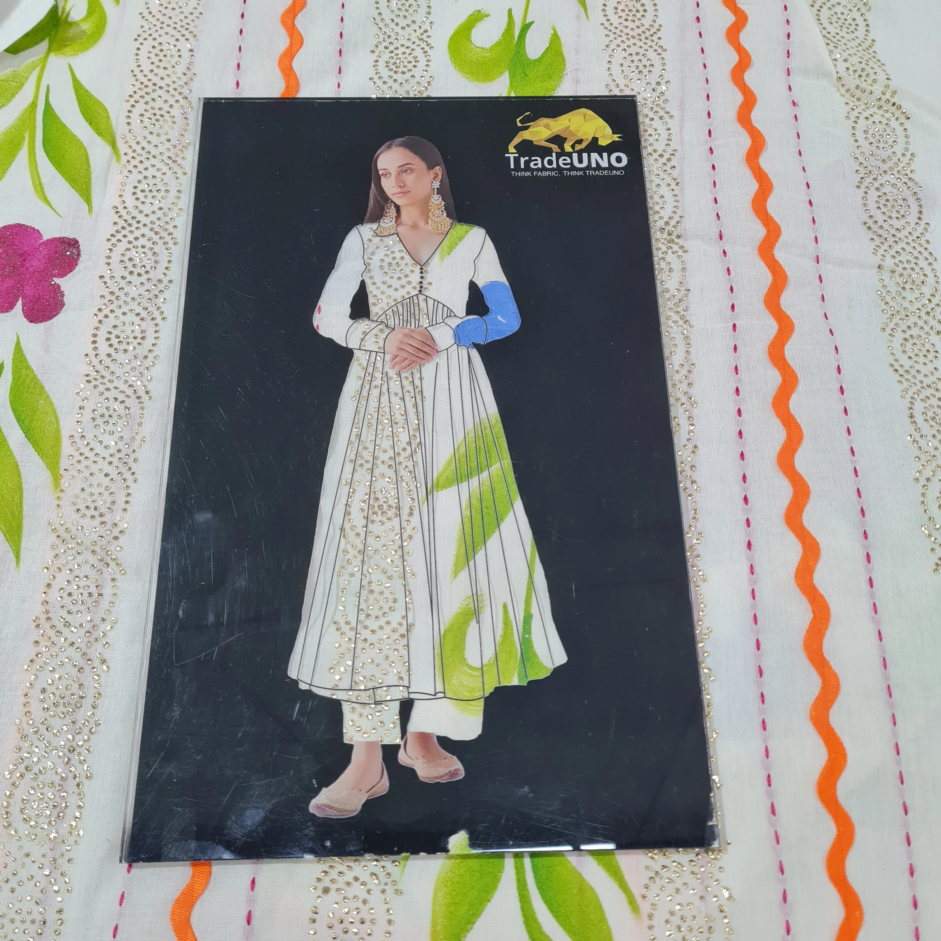 Off White & Multicolor Floral Hand Paint Mukaish Work Thread Embroidery