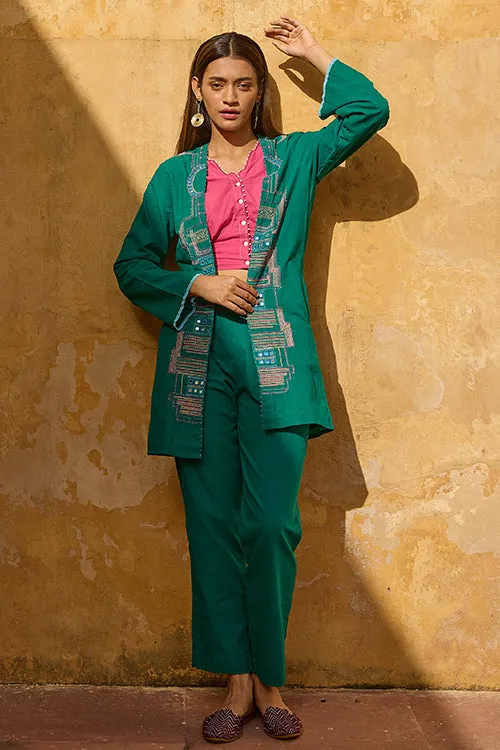 Okhai "Baori" Hand Embroidered Mirror and Beadwork Pure Cotton Long Open Jacket