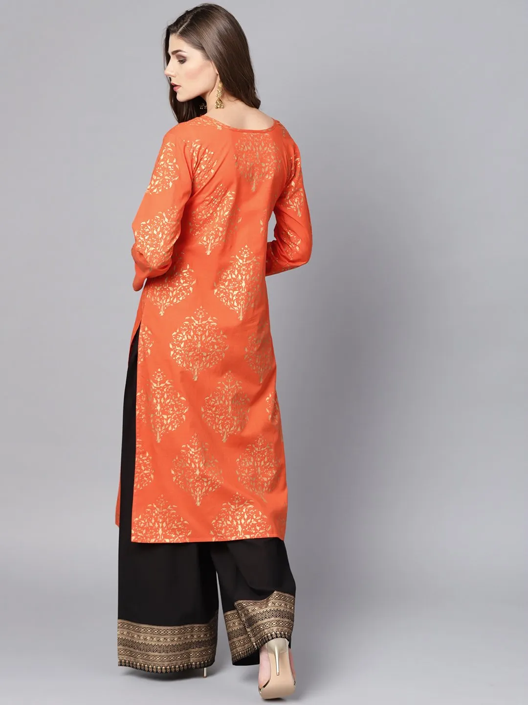 Orange Printed Kurta Set With Dark Brown Bordered Palazzo