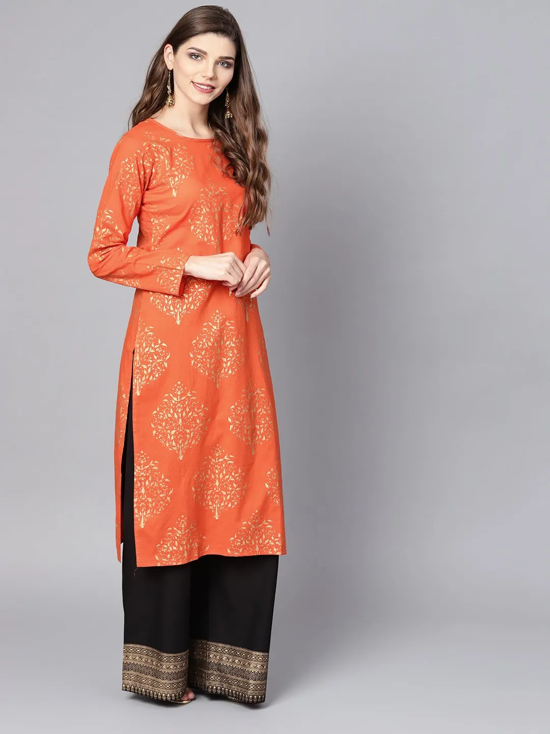 Orange Printed Kurta Set With Dark Brown Bordered Palazzo
