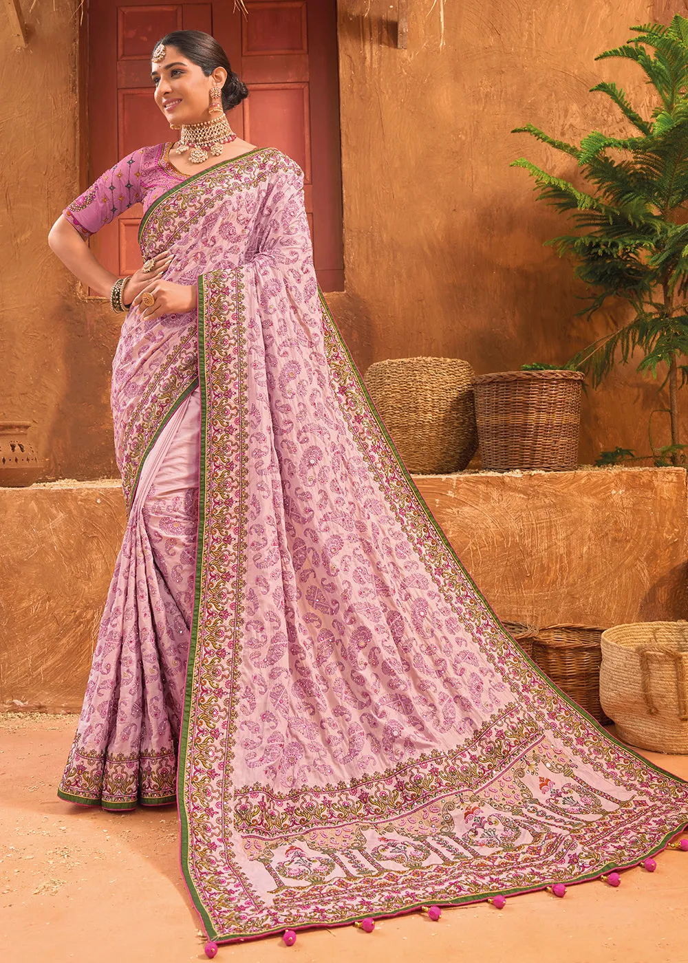 Pink Hand Work Embroidered Traditional Banarasi Silk Saree