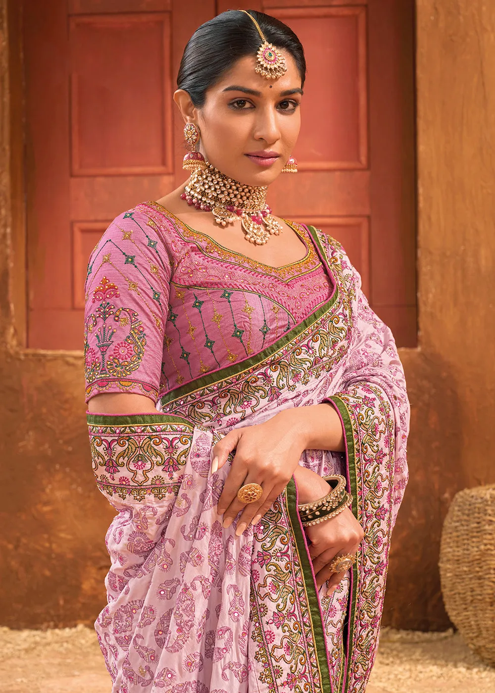 Pink Hand Work Embroidered Traditional Banarasi Silk Saree