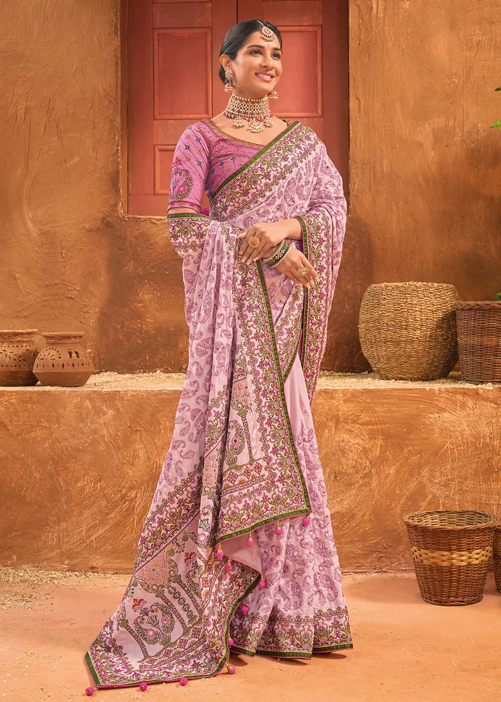 Pink Hand Work Embroidered Traditional Banarasi Silk Saree