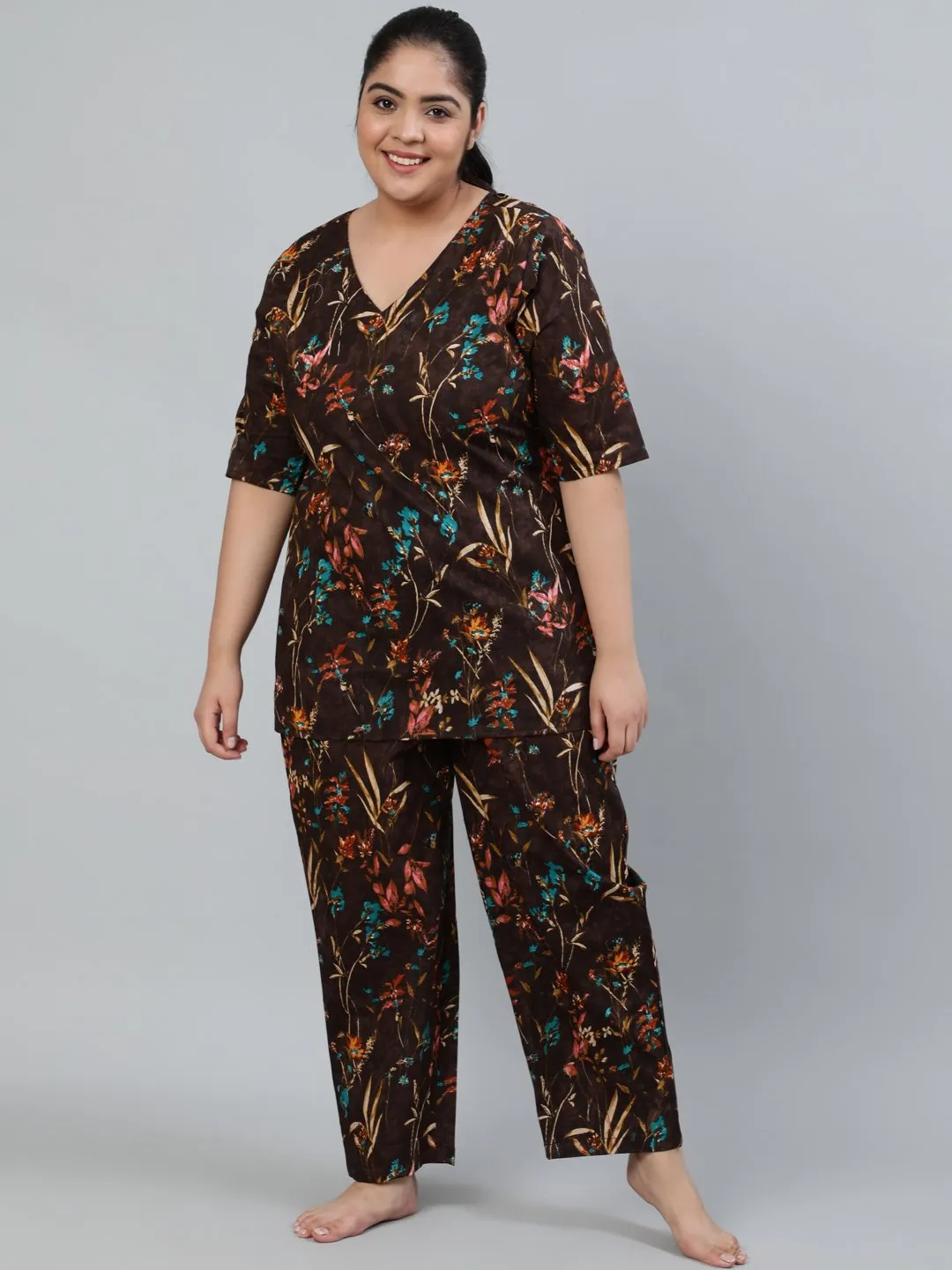 Plus Size Women Brown Floral Printed Night Suit With Half Sleeves