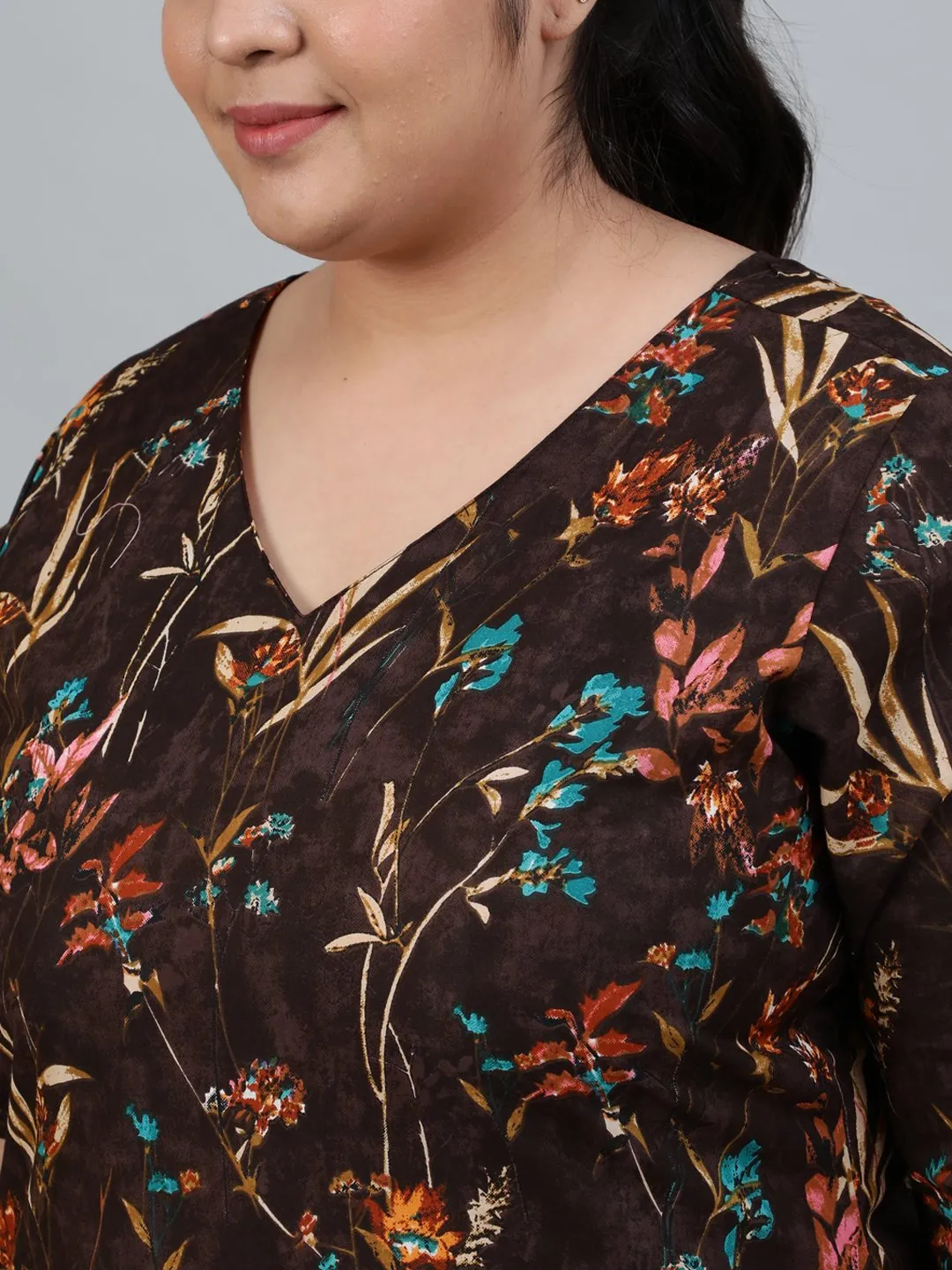 Plus Size Women Brown Floral Printed Night Suit With Half Sleeves
