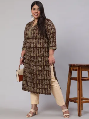 Plus Size Women  Brown Printed Straight Kurta With Three Quarters Sleeves