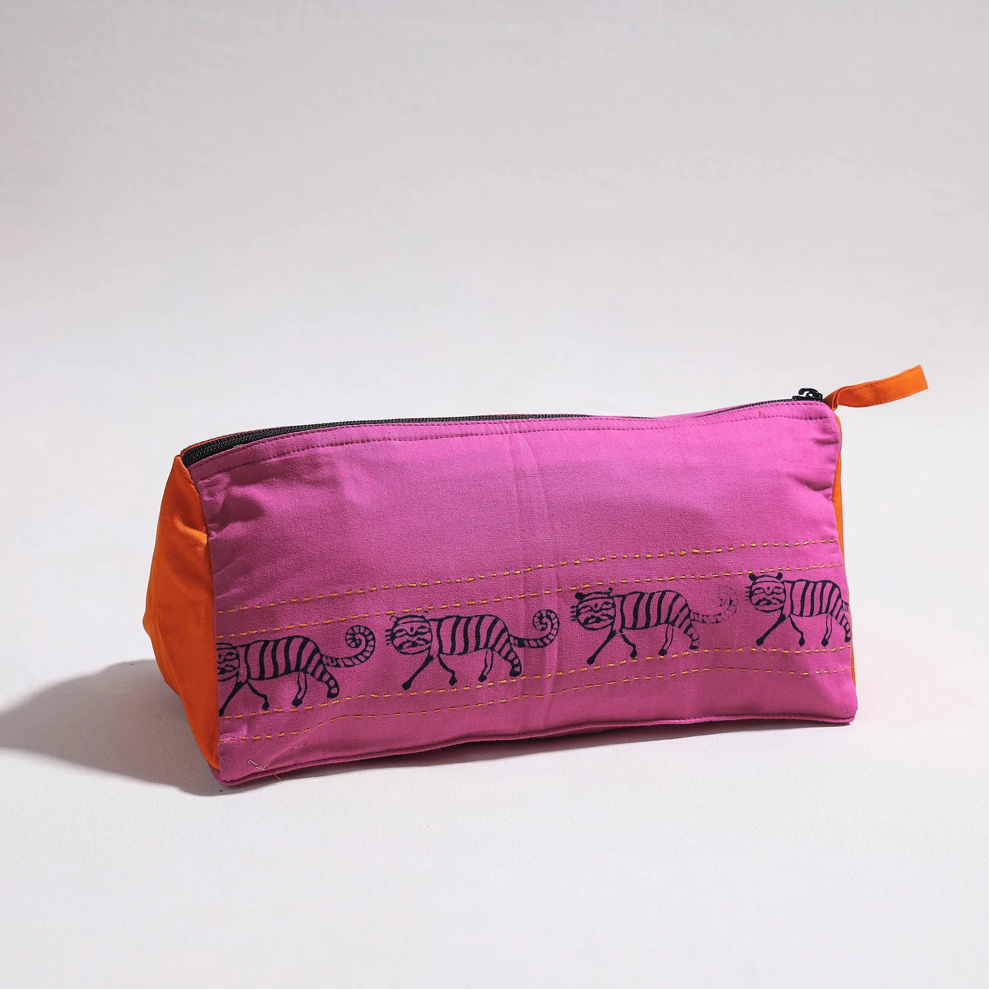 Purple - Kantha Work Block Print Cotton Toilet Pouch