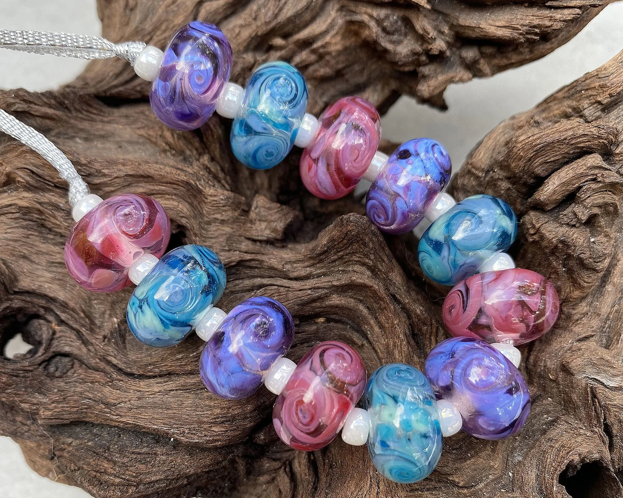 Purple, Pink & Blue Swirl Lampwork Beads Set SRA