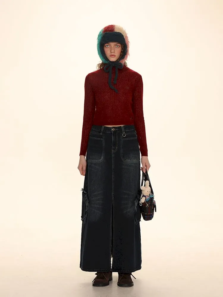 Raw Edge Tabs With Pockets Denim Work Skirt【s0000006002】