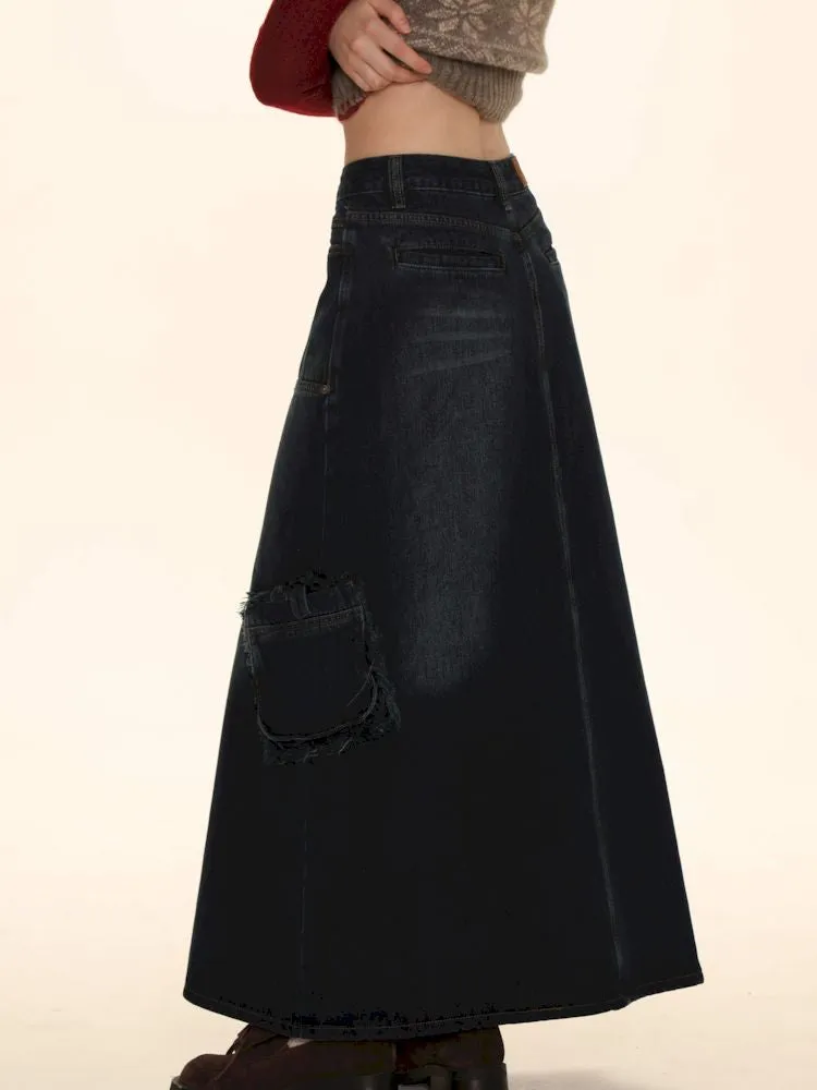 Raw Edge Tabs With Pockets Denim Work Skirt【s0000006002】