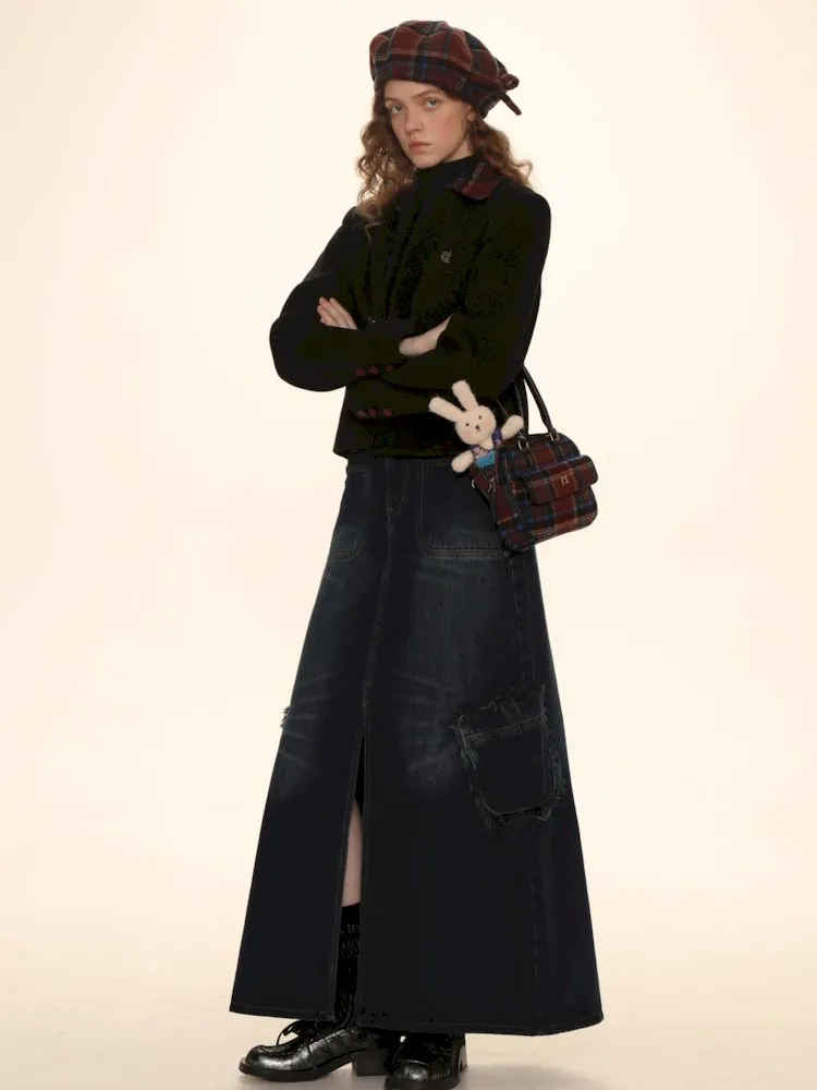 Raw Edge Tabs With Pockets Denim Work Skirt【s0000006002】