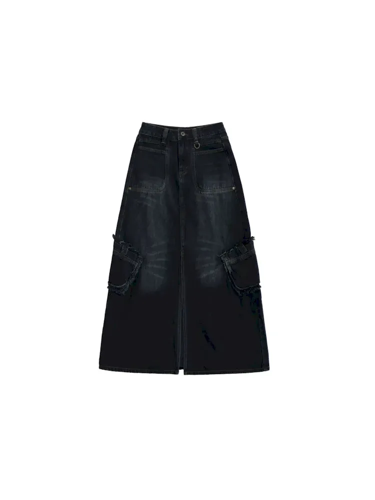 Raw Edge Tabs With Pockets Denim Work Skirt【s0000006002】
