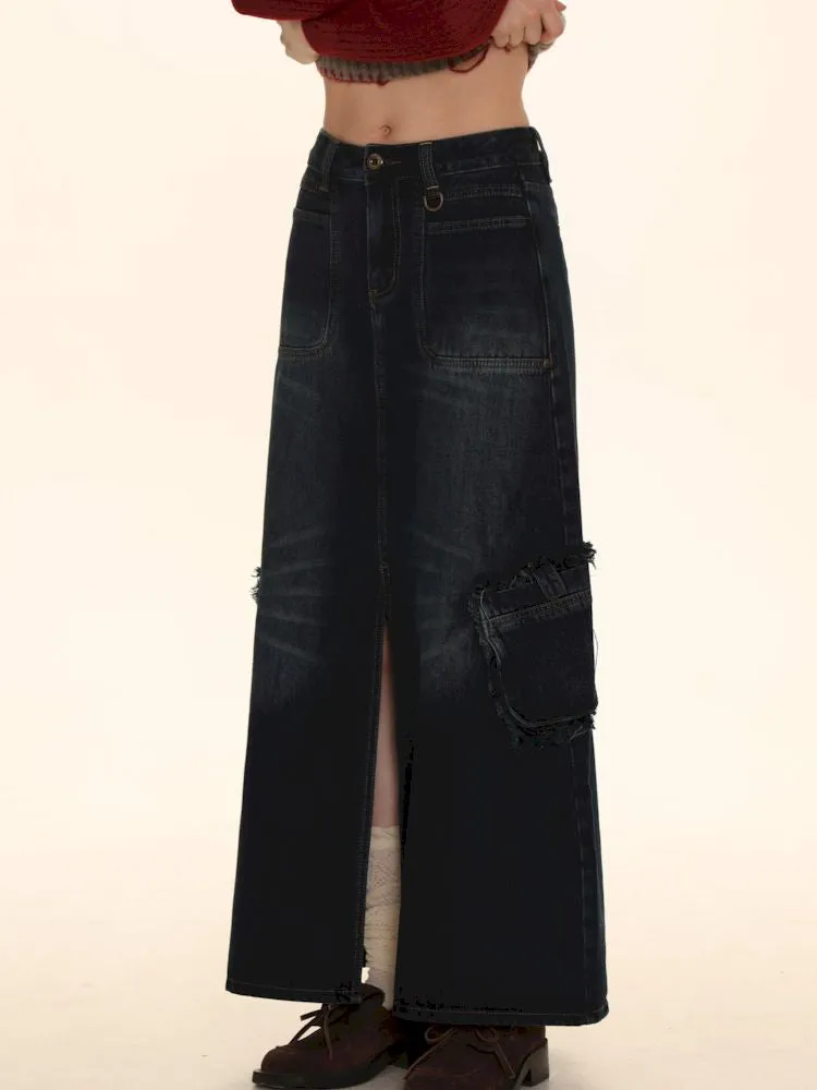 Raw Edge Tabs With Pockets Denim Work Skirt【s0000006002】