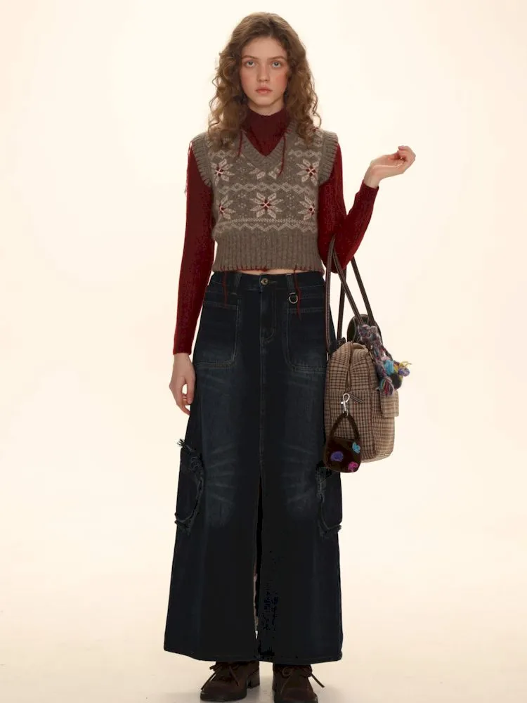 Raw Edge Tabs With Pockets Denim Work Skirt【s0000006002】