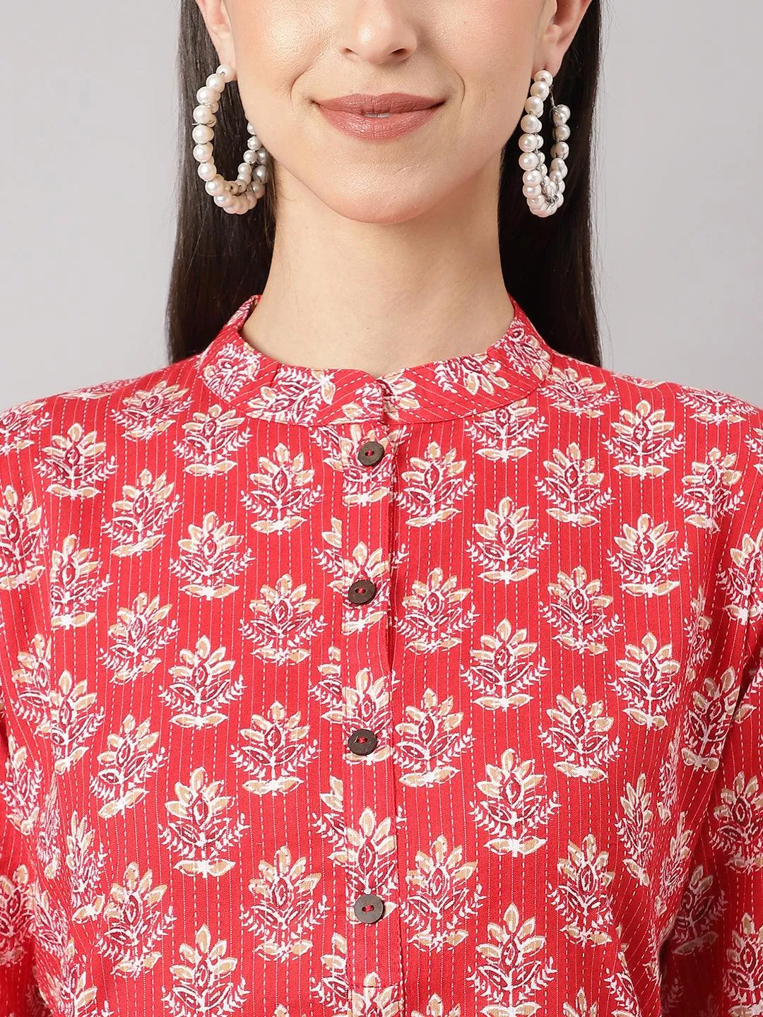Red Cotton Katha Work Straight Kurta