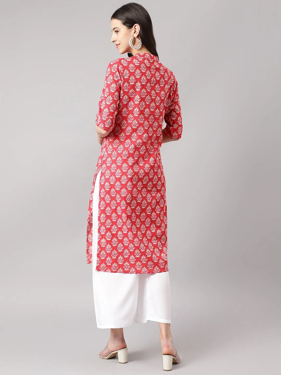 Red Cotton Katha Work Straight Kurta