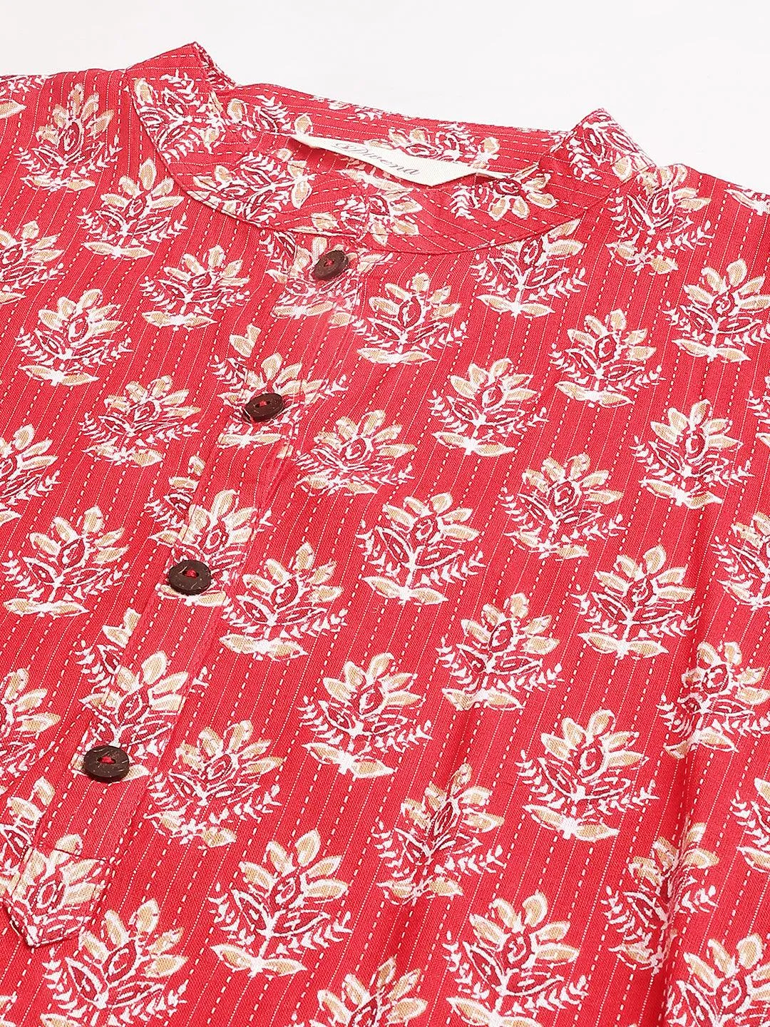 Red Cotton Katha Work Straight Kurta