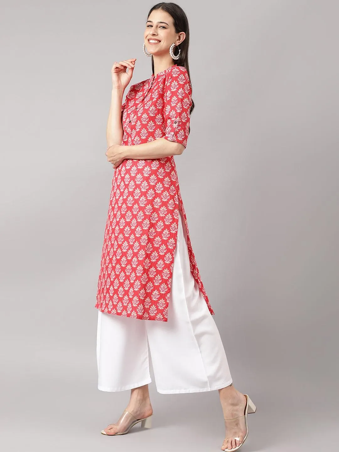 Red Cotton Katha Work Straight Kurta