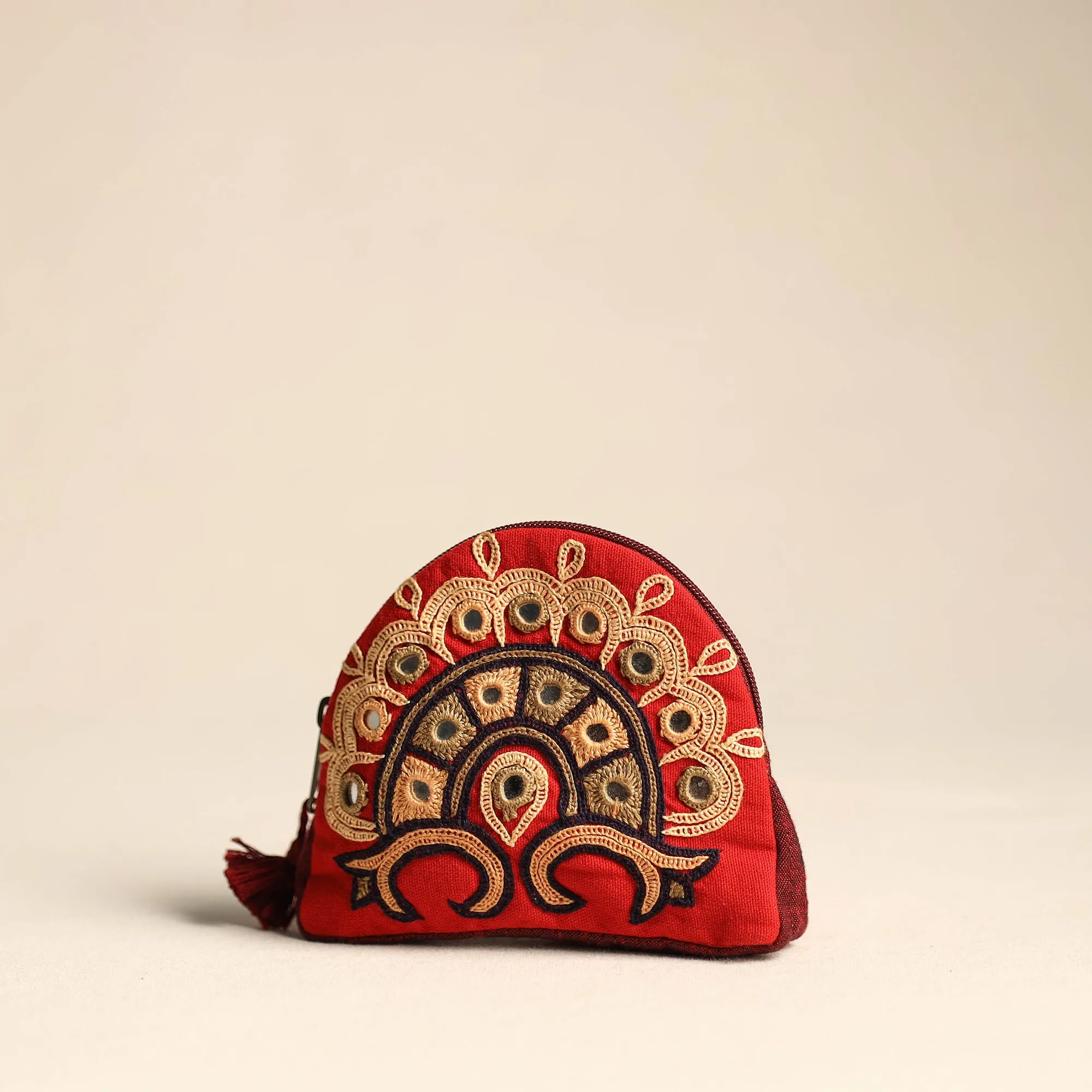 Red - Kutch Ahir Hand Embroidery Cotton Coin Pouch 03